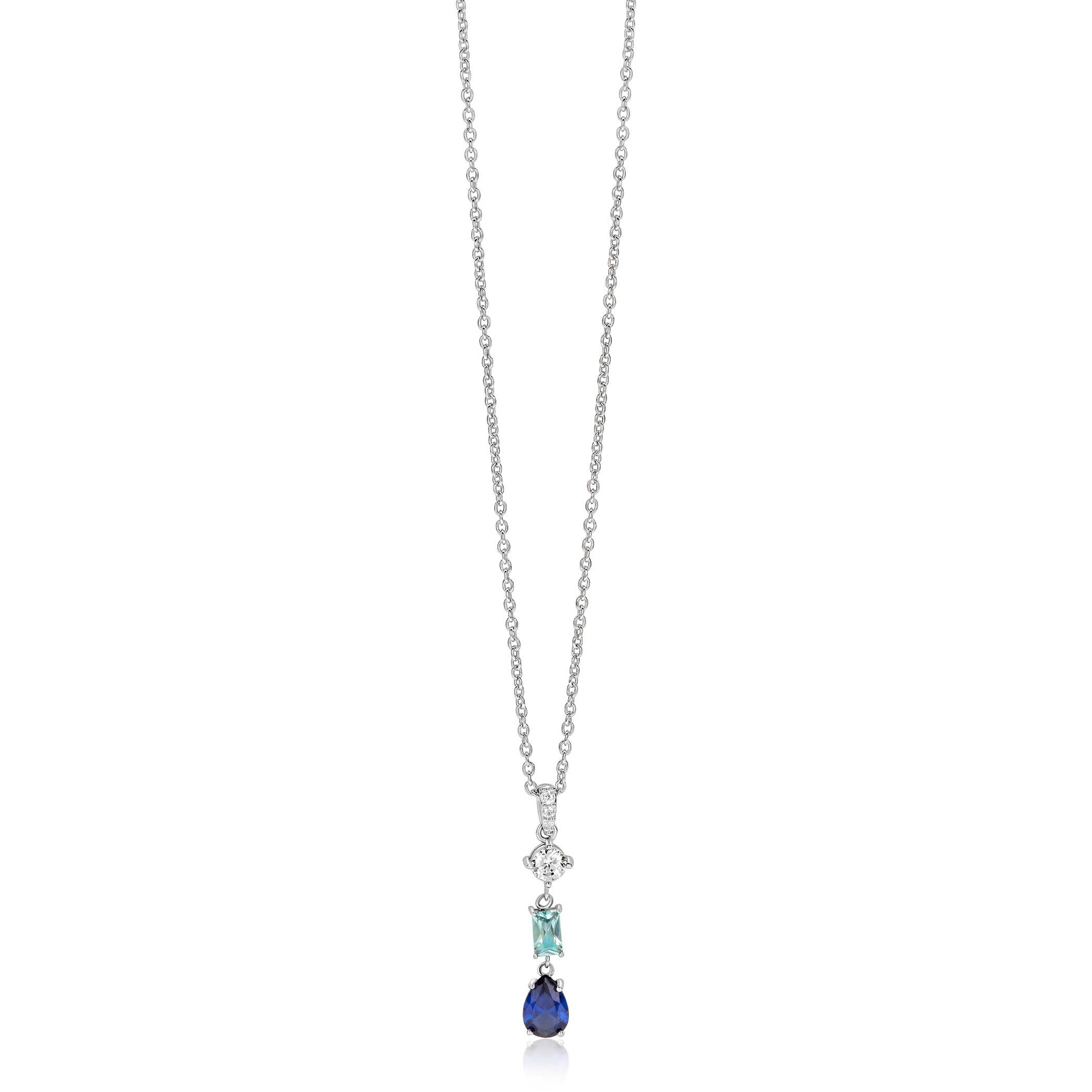 ZINZI zilveren collier 45cm met sierlijke hanger (27mm) bezet met een ronde witte zirkonia, licht aquablauwe rechthoekige kleursteen en diepblauwe peervormige kleursteen ZIC2901