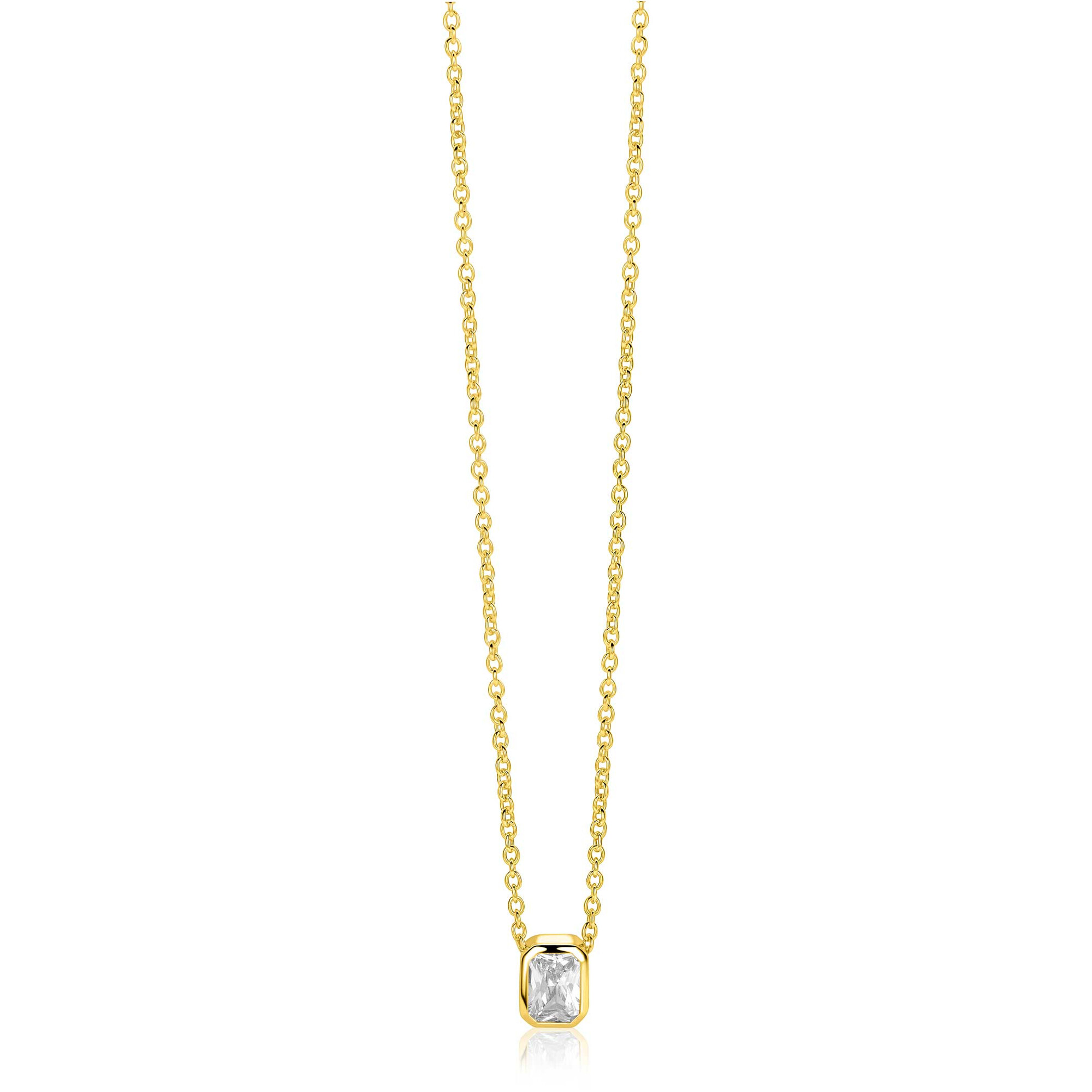 ZINZI gold plated zilveren collier 45cm met een rechthoekige gladde kastzetting (9mm), bezet met een witte zirkonia ZIC2899