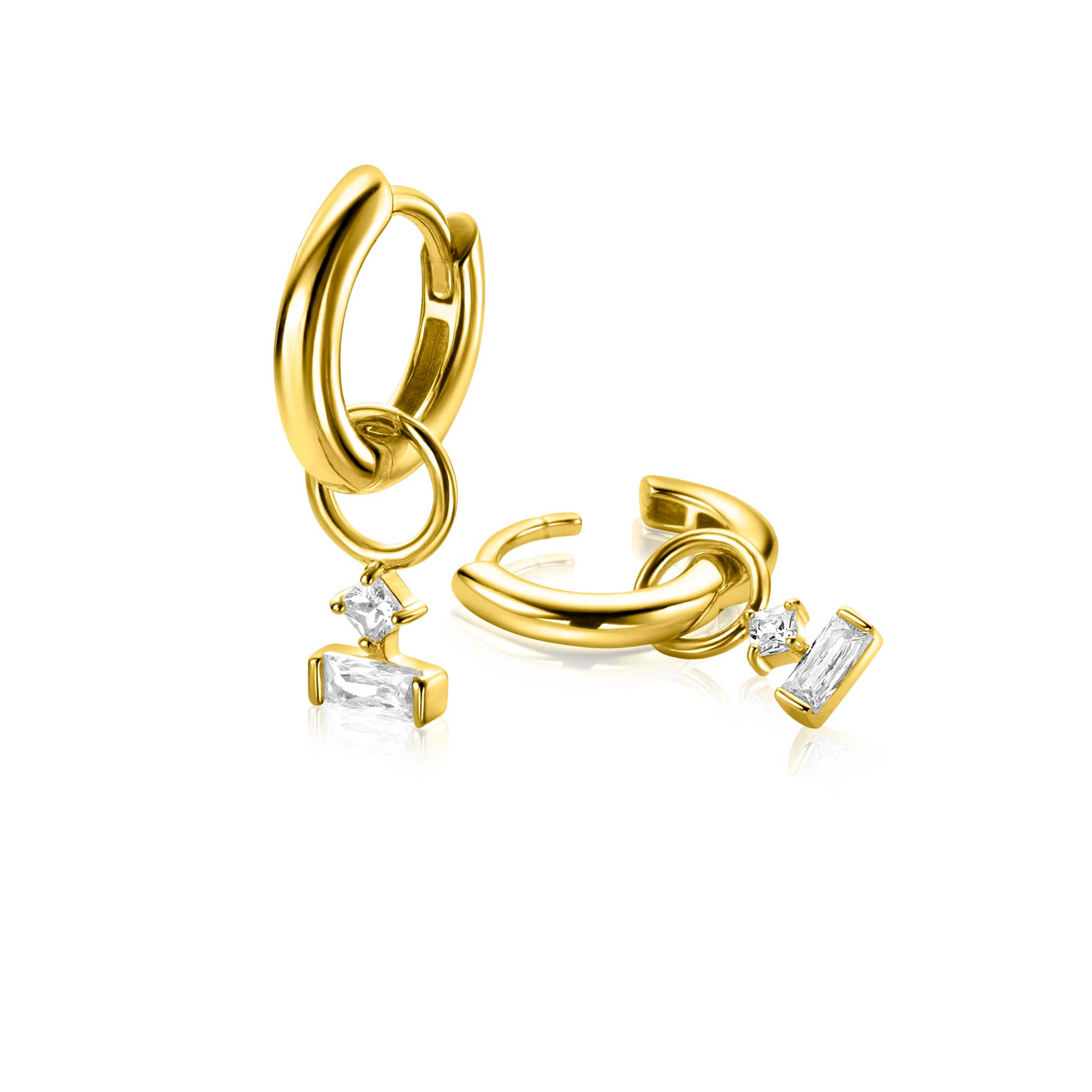5mm ZINZI gold plated zilveren oorbedels met twee witte zirkonia's in trendy vormen ZICH-BF117Y (zonder oorringen)