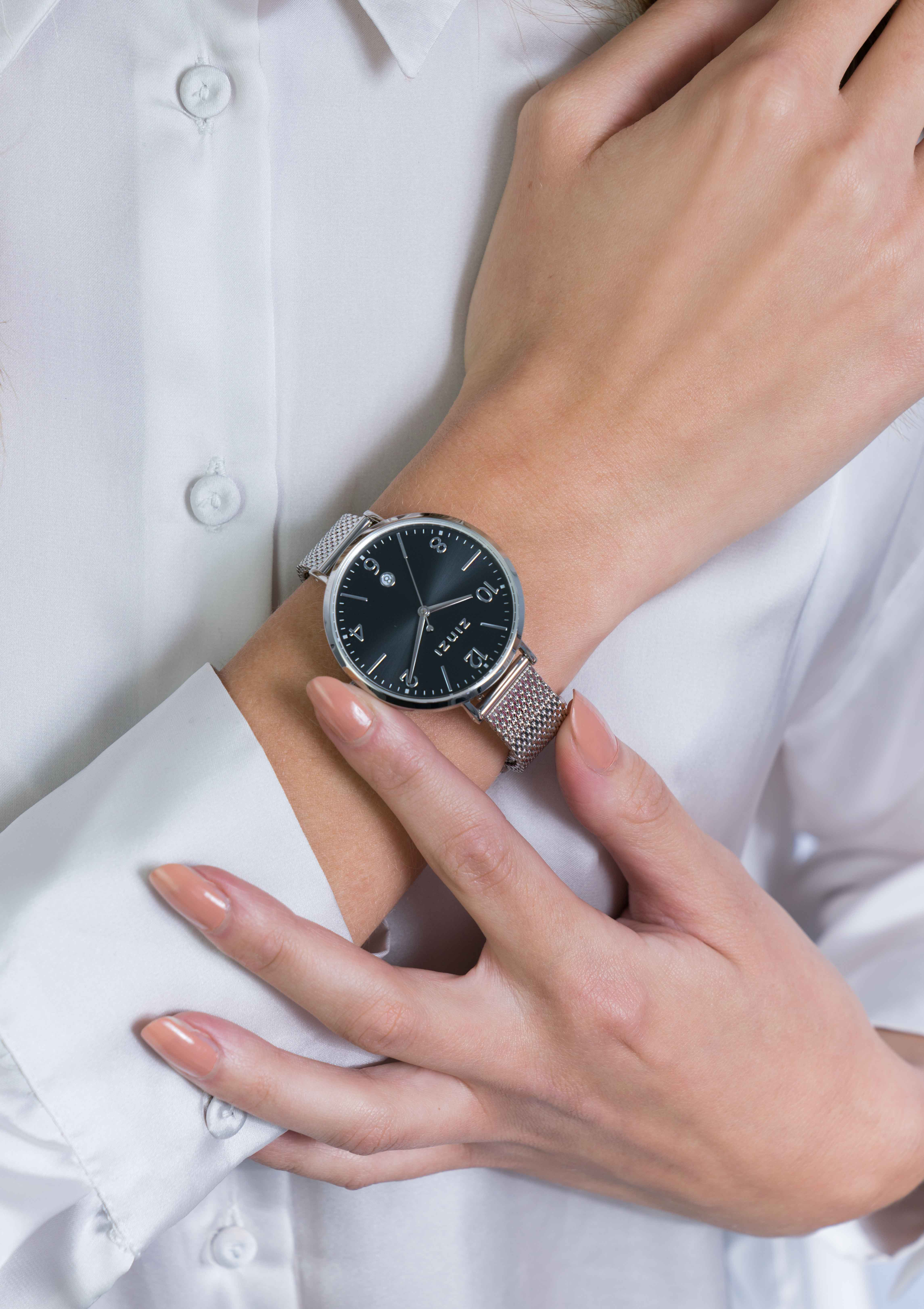 ZINZI horloge SOPHIE zwarte wijzerplaat met datum, stalen kast 38mm, stalen mesh band 14mm ZIW1401
