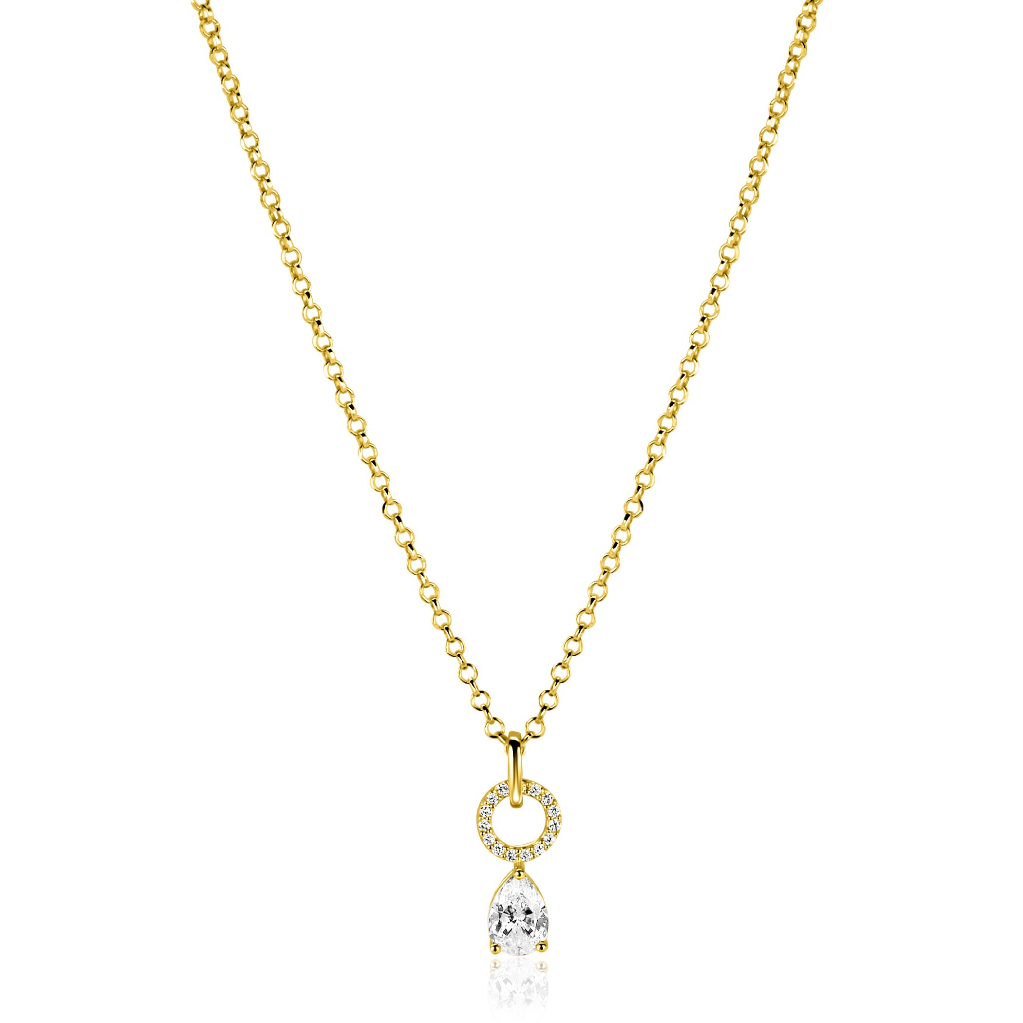 ZINZI gold plated zilveren ketting 45cm met open rondje witte zirconia's en peervormige hanger ZIC2796
