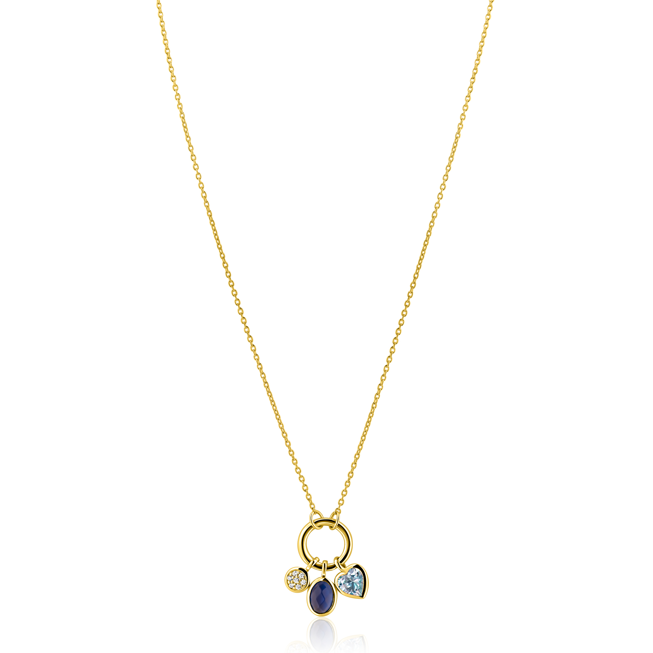 ZINZI gold plated zilveren ketting met ronde sluitring en drie luxe bedels 42-45cm ZIC2737