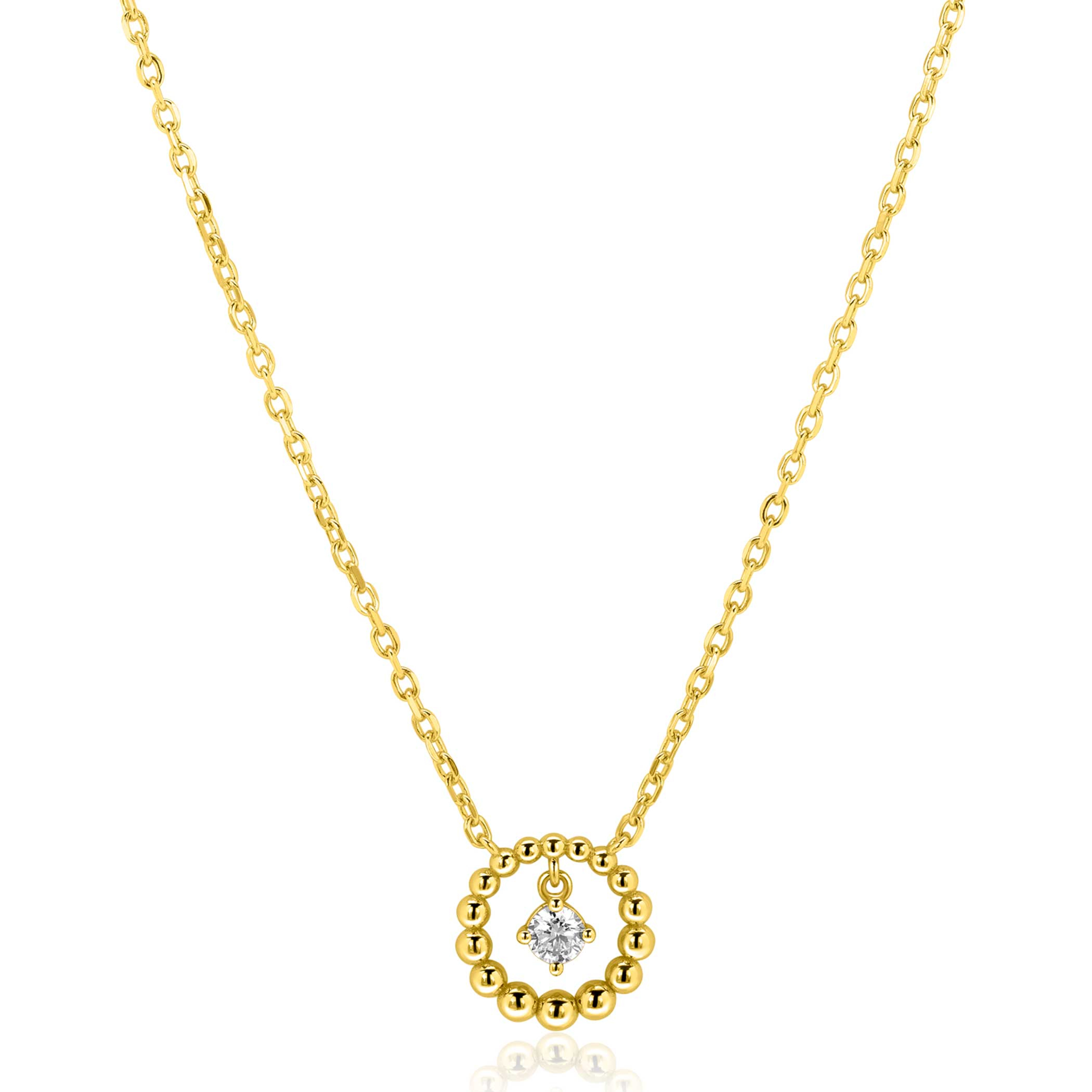 ZINZI goldplated zilveren ketting 45cm met ronde bolletjeshanger en bungelende witte zirkonia ZIC2816