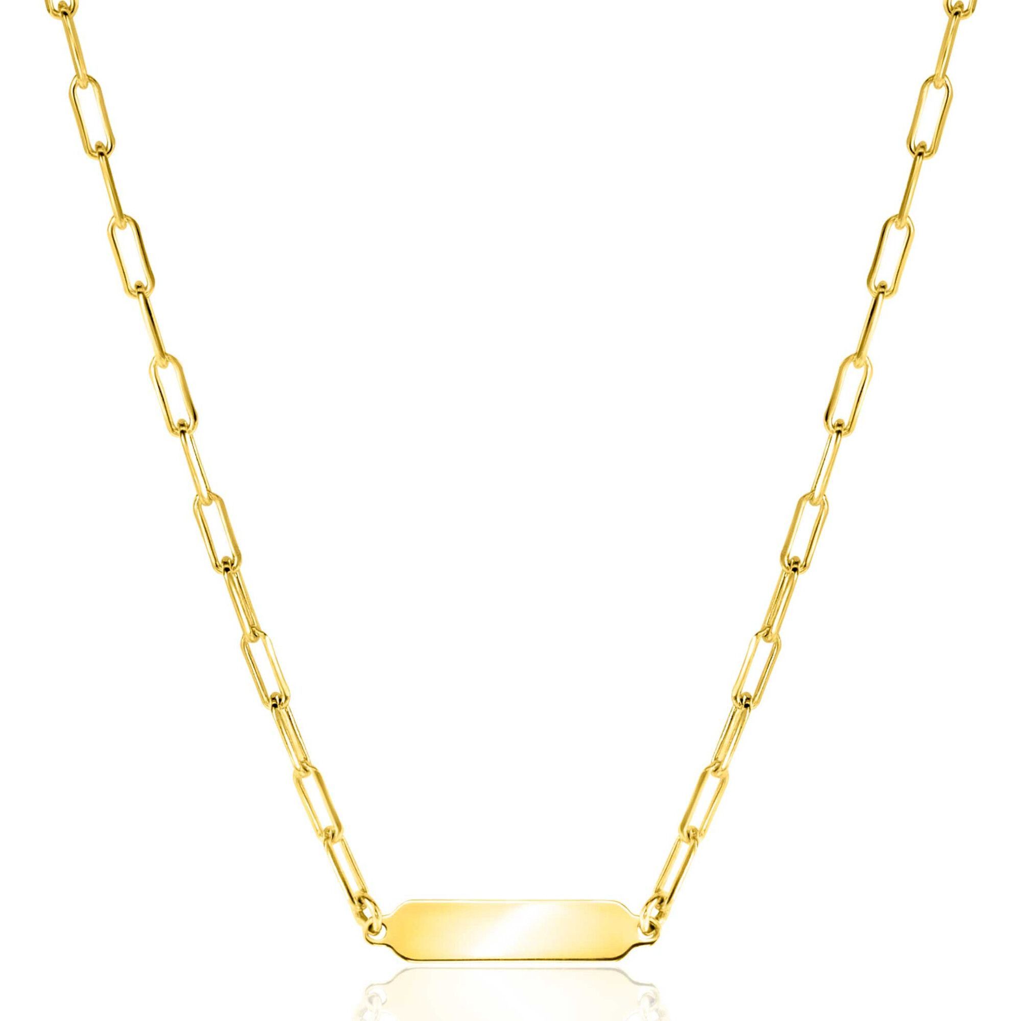 ZINZI gold plated zilveren ketting met paperclip-schakels en glanzend rechthoekig plaatje om te graveren 42-45cm ZIC2530G