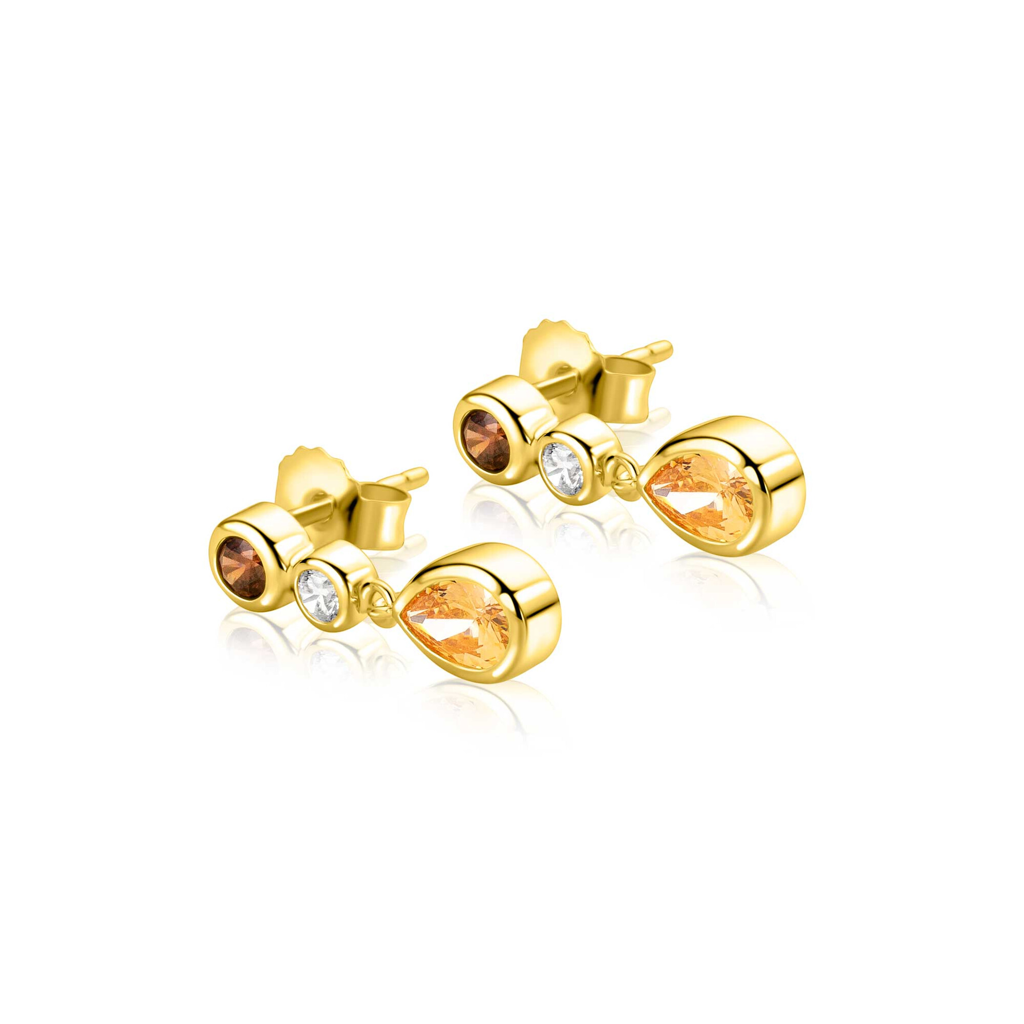 18mm ZINZI gold plated zilveren oorstekers met champagnekleurige, cognackleurige en witte zirkonia's in verschillende slijpvormen ZIO2900
