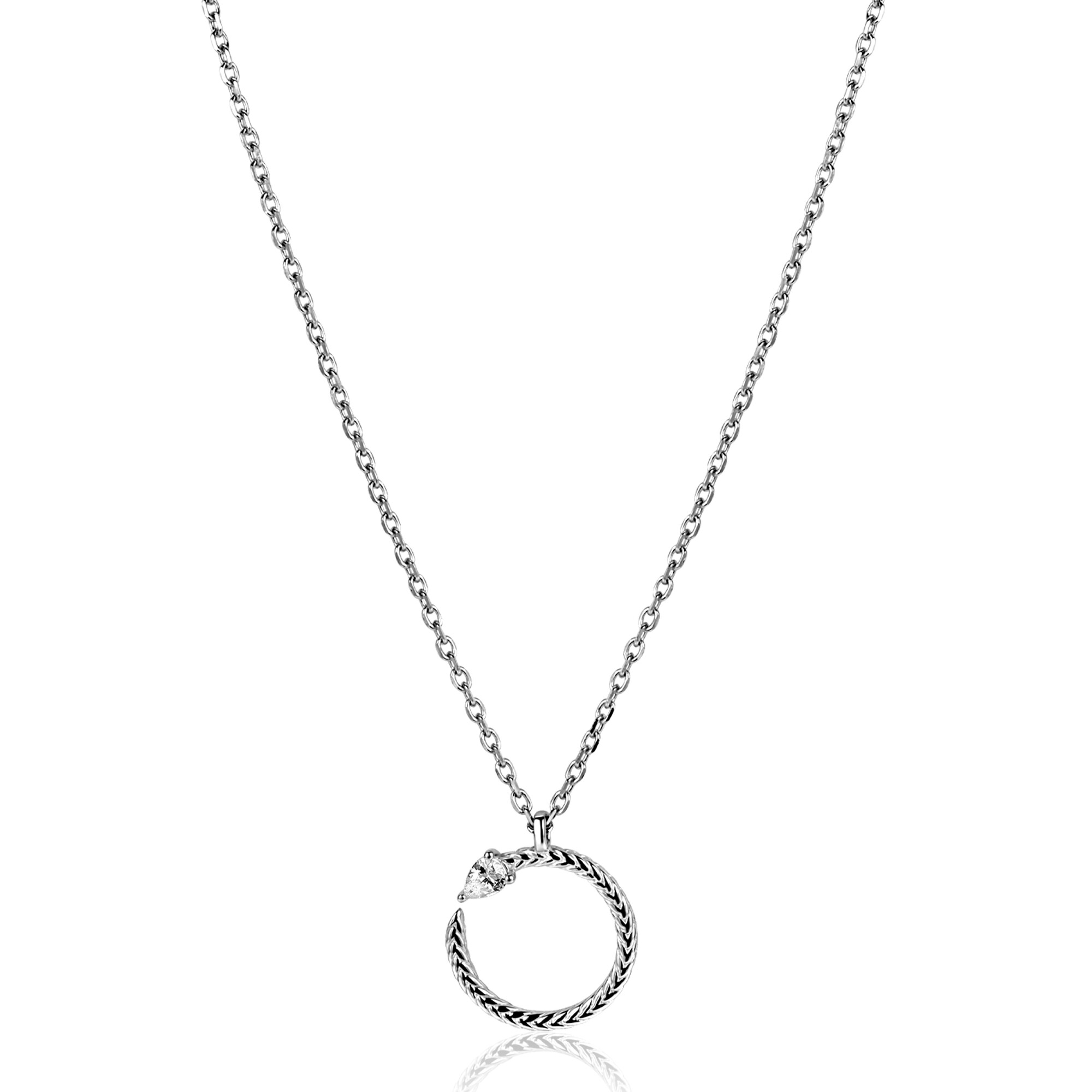 ZINZI zilveren ketting 42–45cm met ronde slang-hanger (15mm), bezet met peervormige witte zirkonia ZIC2722