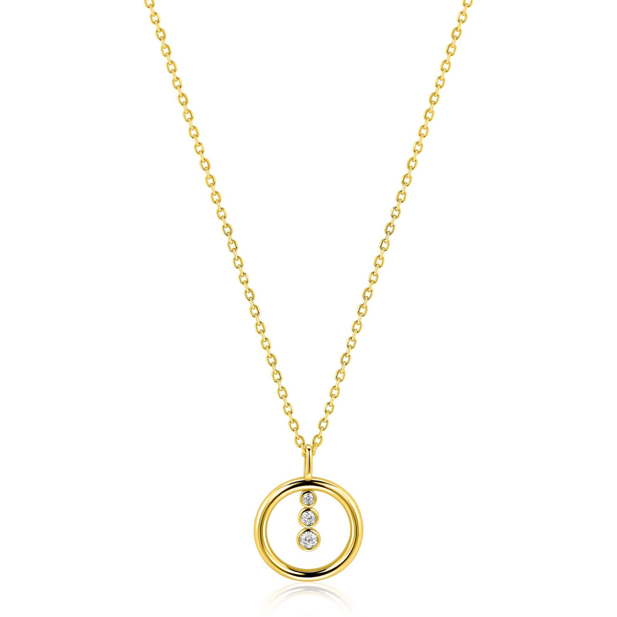 ZINZI gold plated zilveren ketting 45cm met ronde hanger en drie fonkelende witte zirkonia's ZIC2820Y