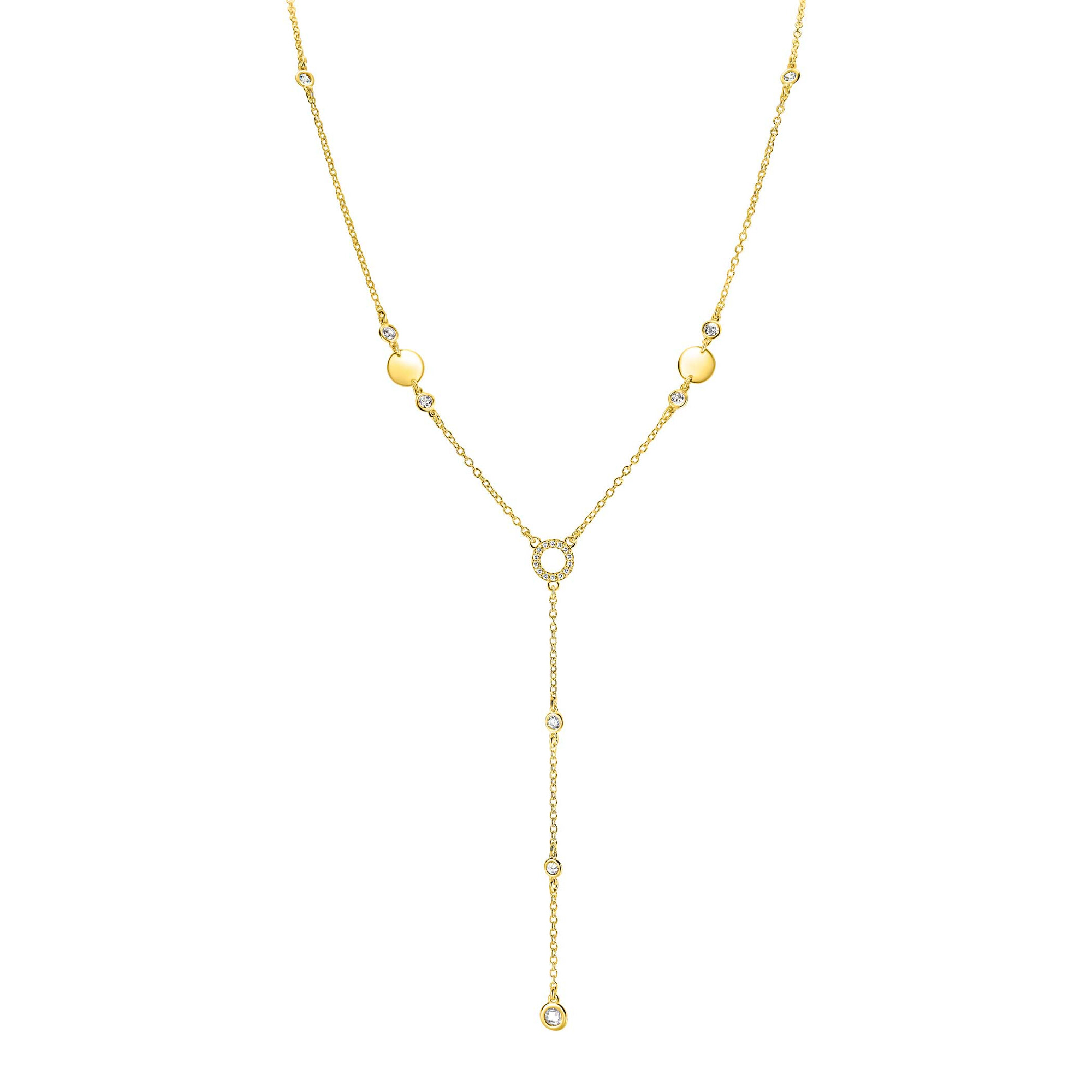 ZINZI gold plated zilveren Y-collier 45cm met glimmende ronde elementen en bezet met fonkelende witte zirkonia's ZIC2909