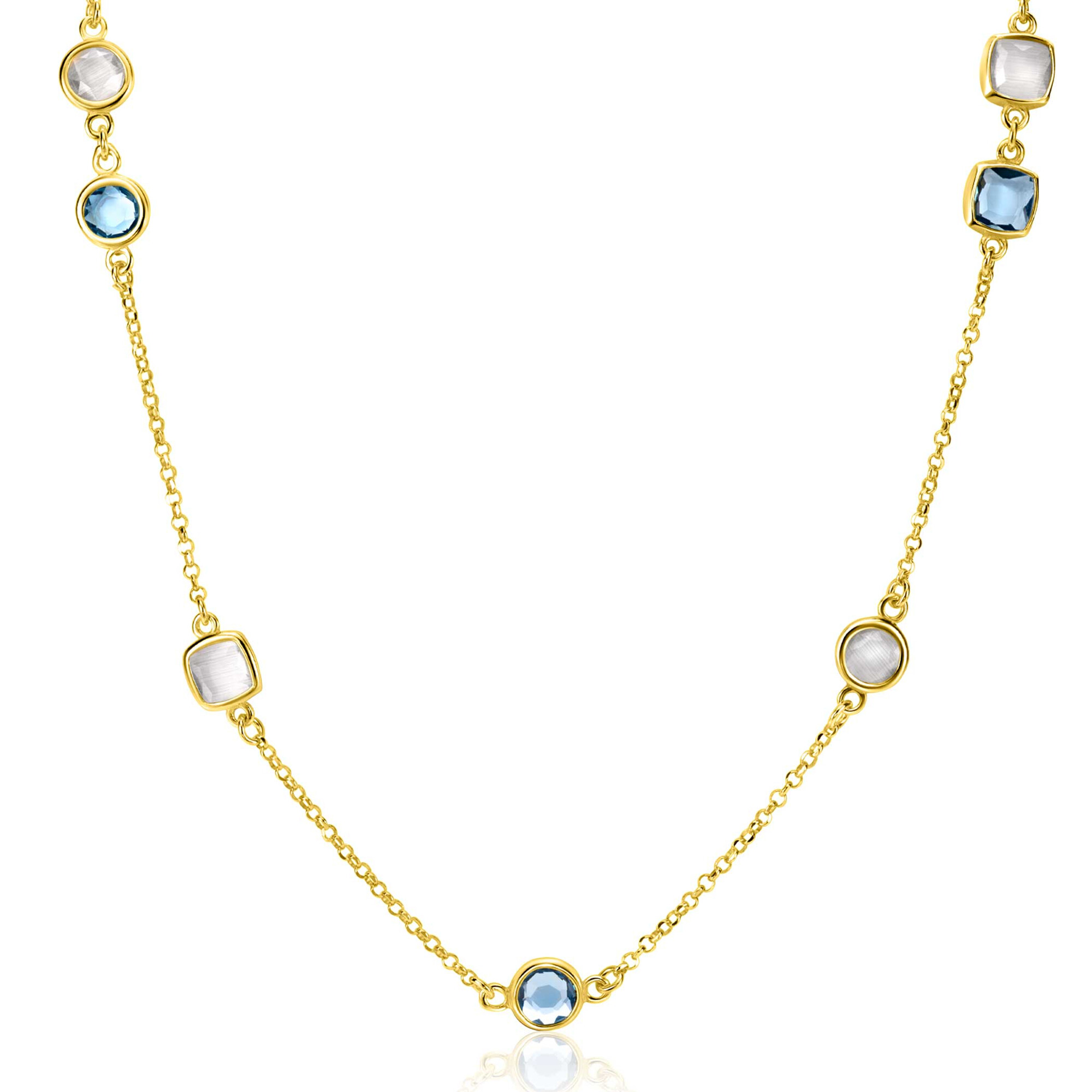 ZINZI gold plated zilveren ketting met ronde en vierkante zettingen jeansblauw en witgrijs 42-45cm ZIC2526G