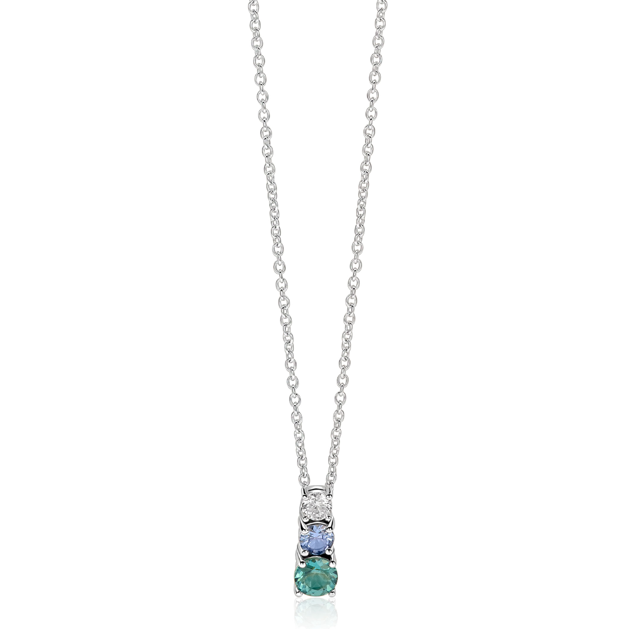 ZINZI zilveren ketting met strakke hanger bezet met witte, blauwe en petrol blauwe zirkonia's 42-45cm ZIC-BF143

