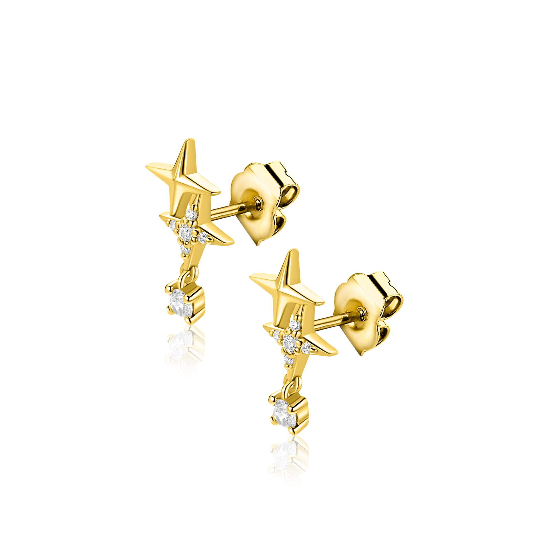 14,5mm ZINZI goldplated zilveren oorstekers 'sterrendans' met twee speelse sterren en bungelende witte zirkonia ZIO2837