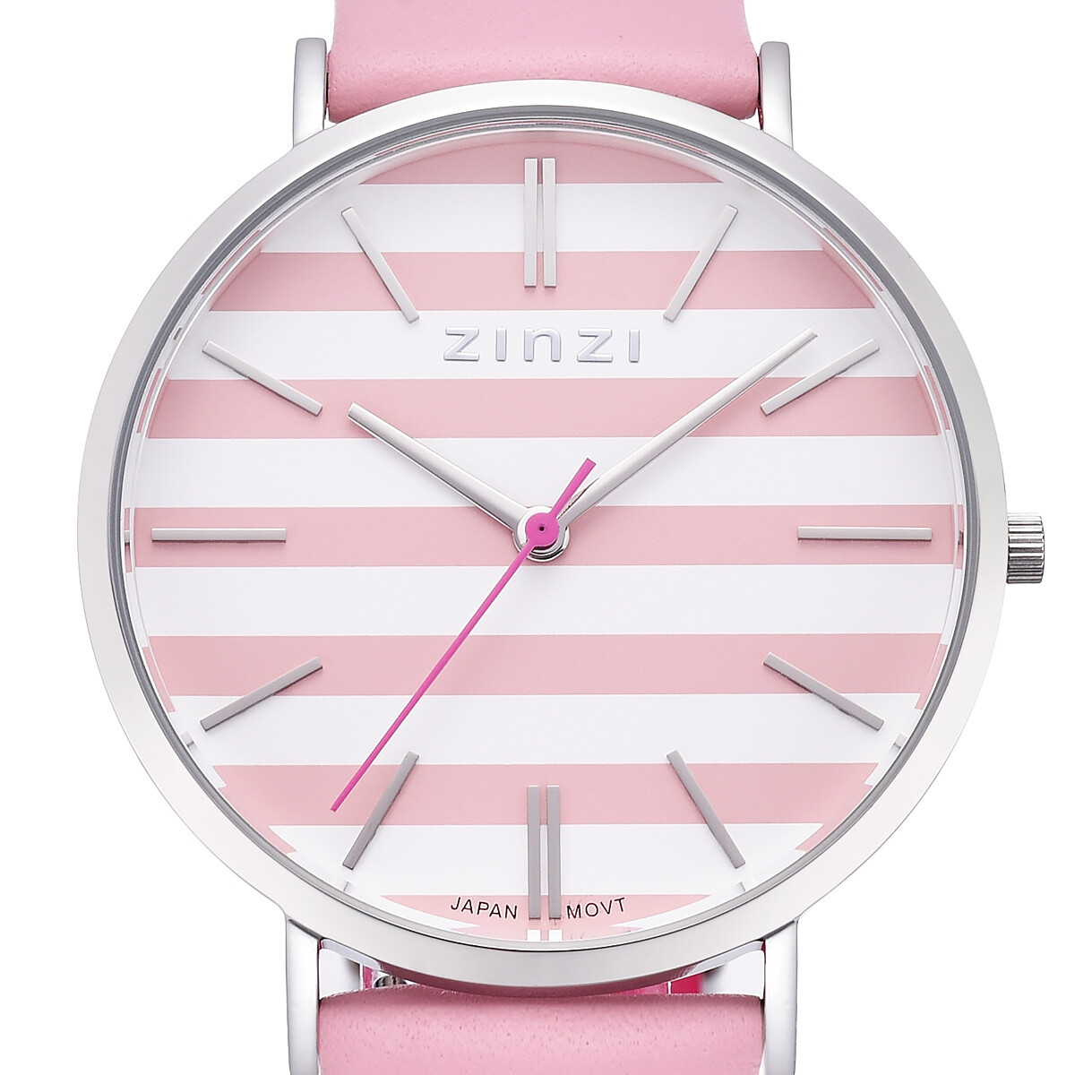 Zinzi Retro horloge roze-wit gestreepte wijzerplaat zilvergekleurde kast roze leren band 38mm extra dun ZIW419R
