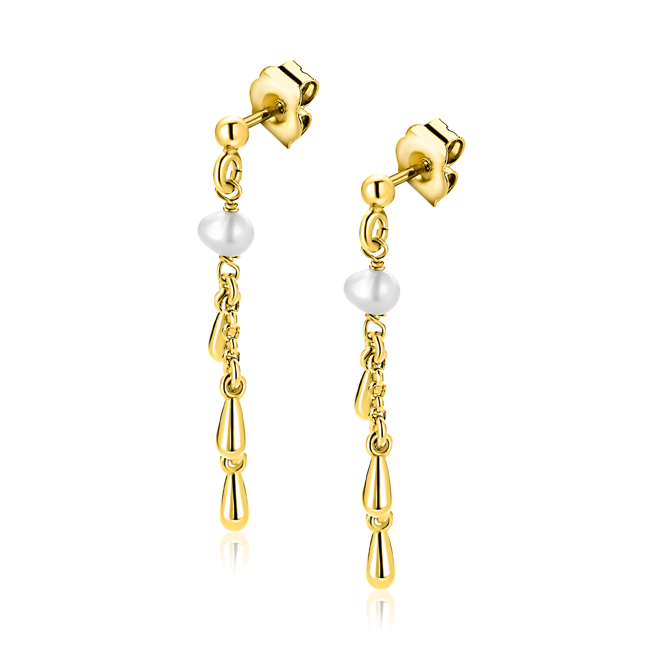 37mm ZINZI gold plated zilveren oorstekers met druppels en witte zoetwaterparels ZIO2753