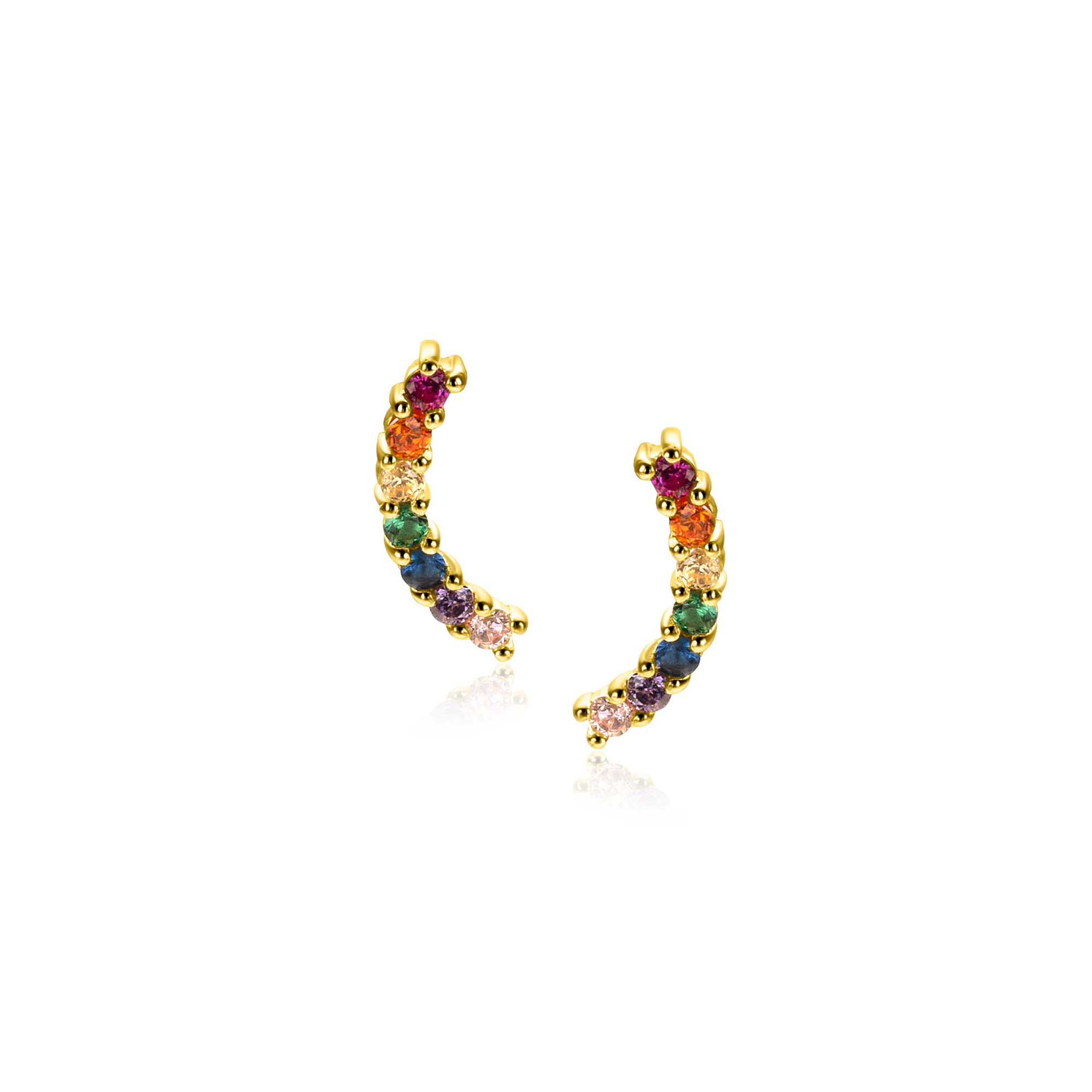 10mm ZINZI gold plated zilveren oorknoppen met golfje bezet met regenboog kleurstenen ZIO2592