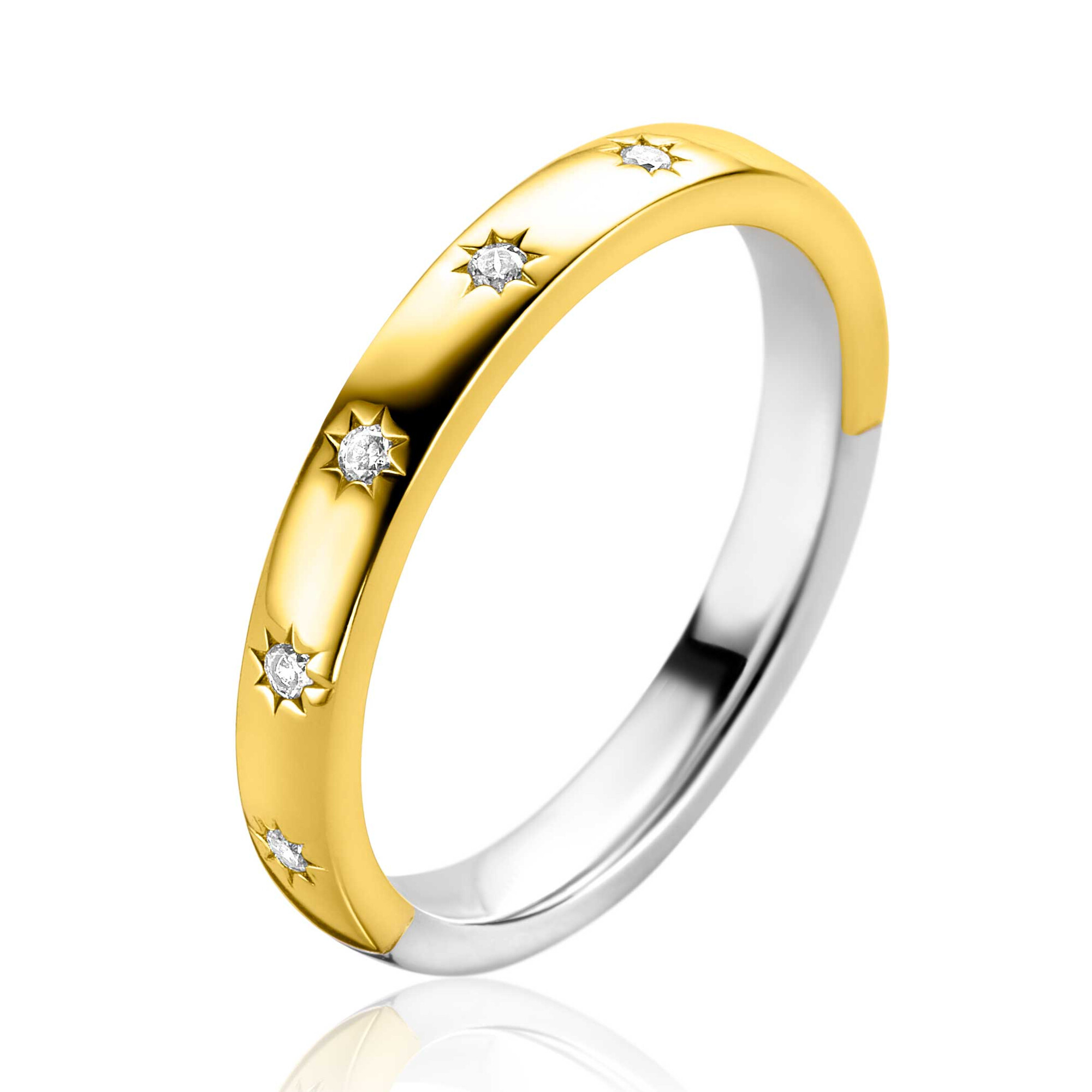 ZINZI gold plated zilveren aanschuifring met zeven ster-zettingen, bezet met witte zirconia's 3mm breed ZIR2491YC