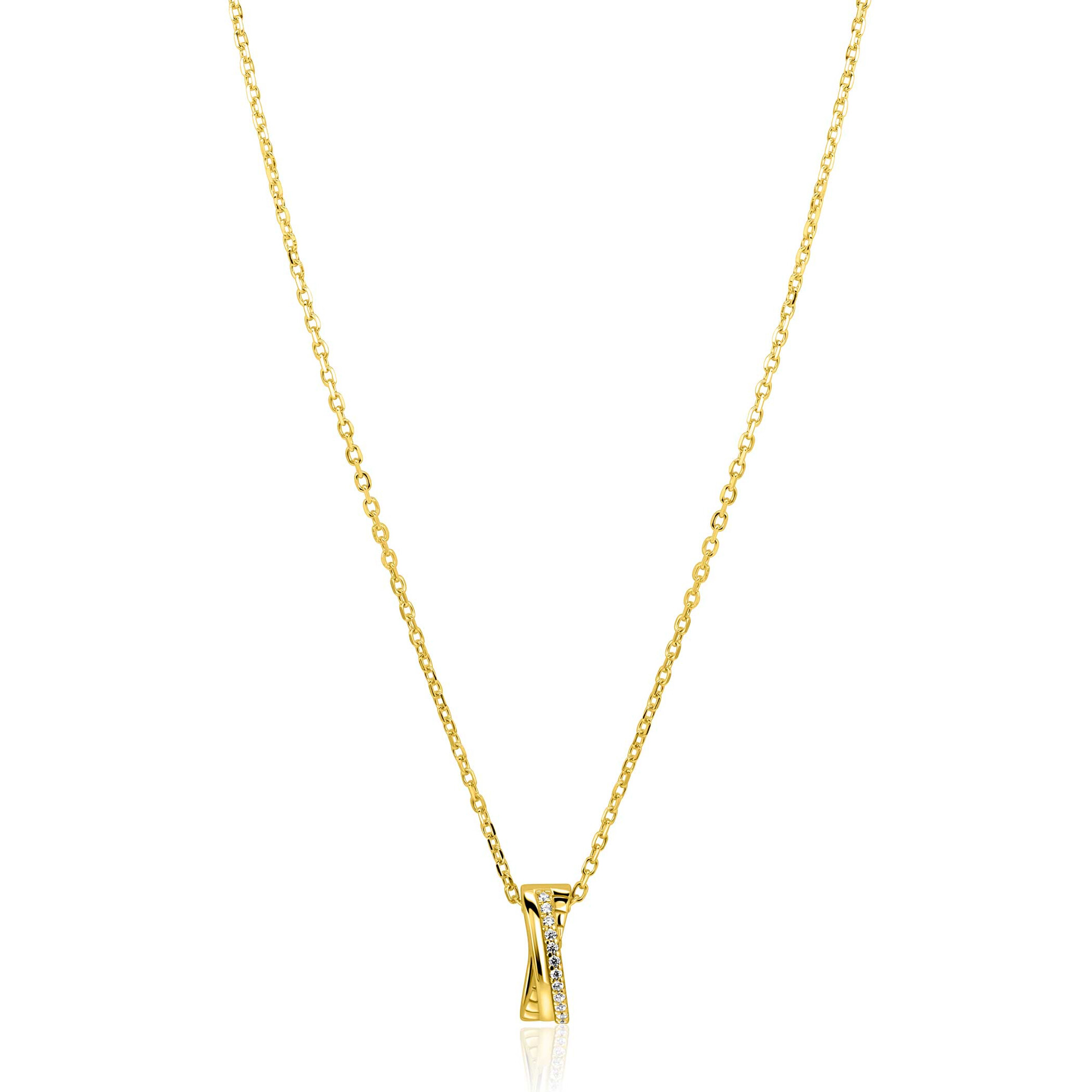 ZINZI gold plated zilveren ketting 45cm met luxe cross-over hanger (16mm) bezet met witte zirkonia's ZIC2801