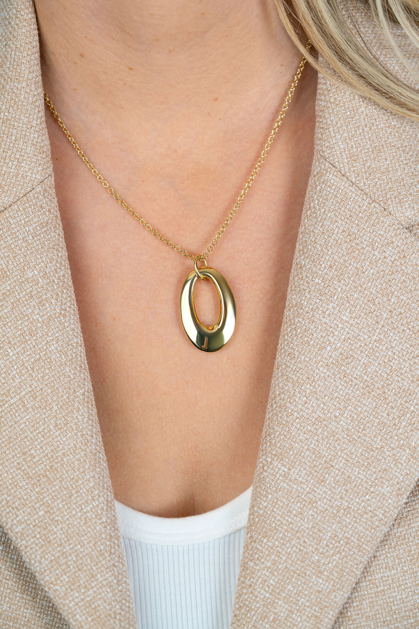 ZINZI goldplated zilveren ketting 45cm met grote open ovale hanger 35mm ZIC2787G