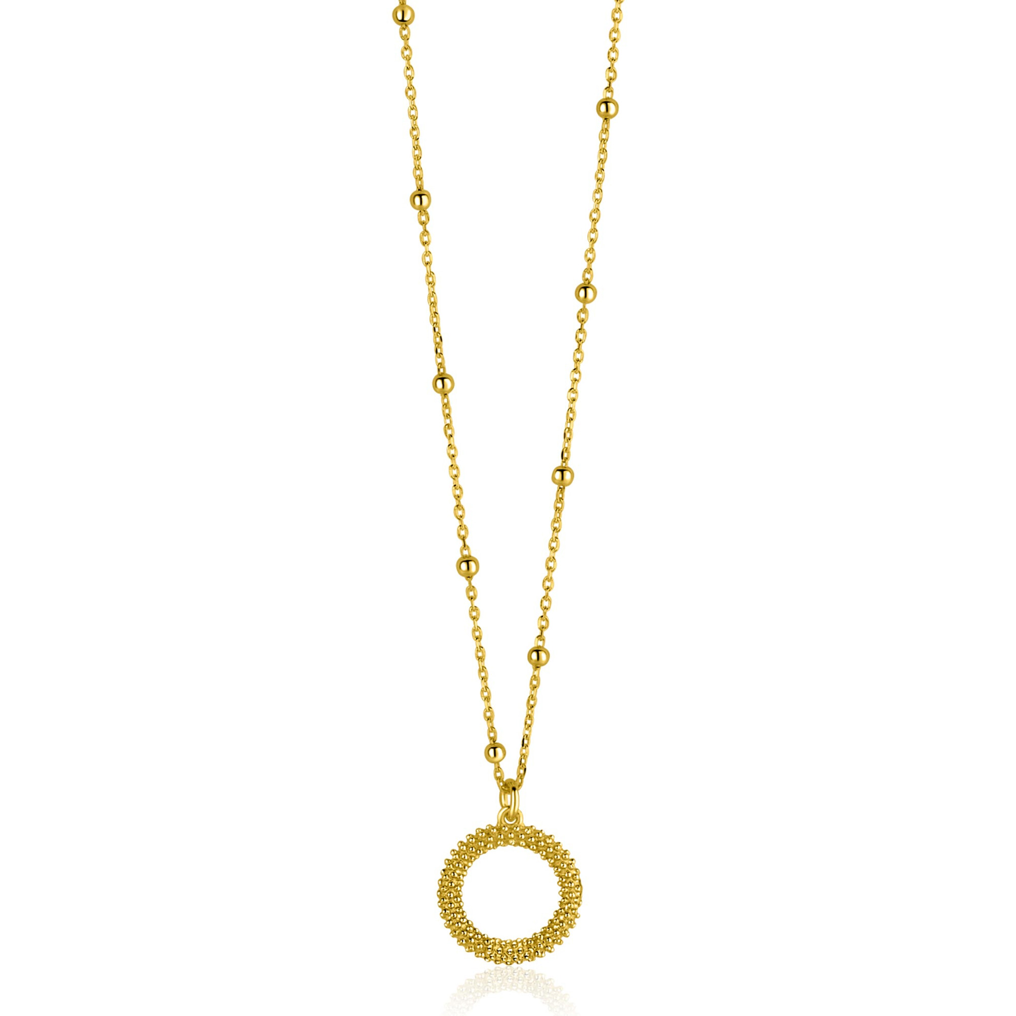 ZINZI gold plated zilveren ketting met kleine bolletjes en ronde hanger (12mm) met bolstructuur 42-45cm ZIC2704G