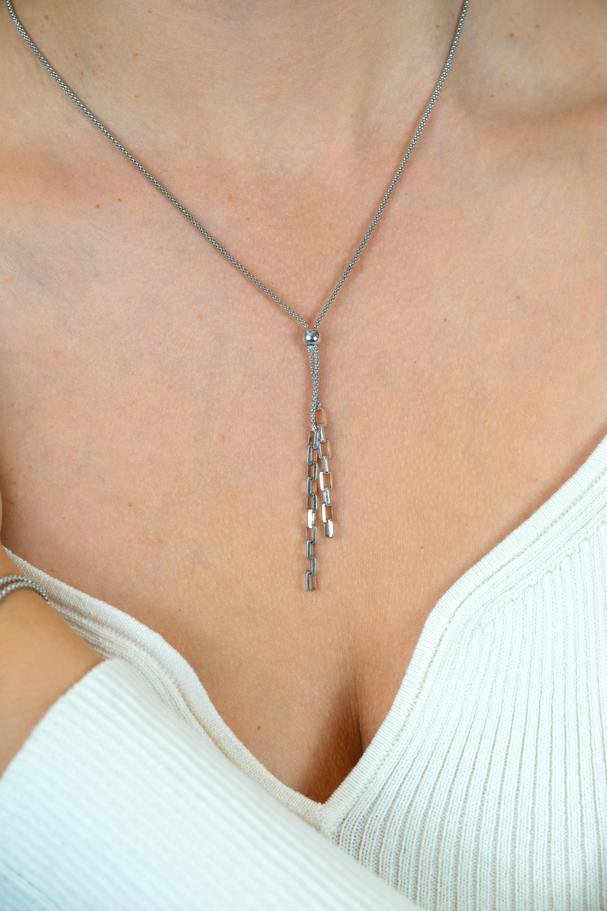 ZINZI zilveren Y-collier 43–46cm met popcorn schakel en twee bungelende kettinkjes ZIC2710