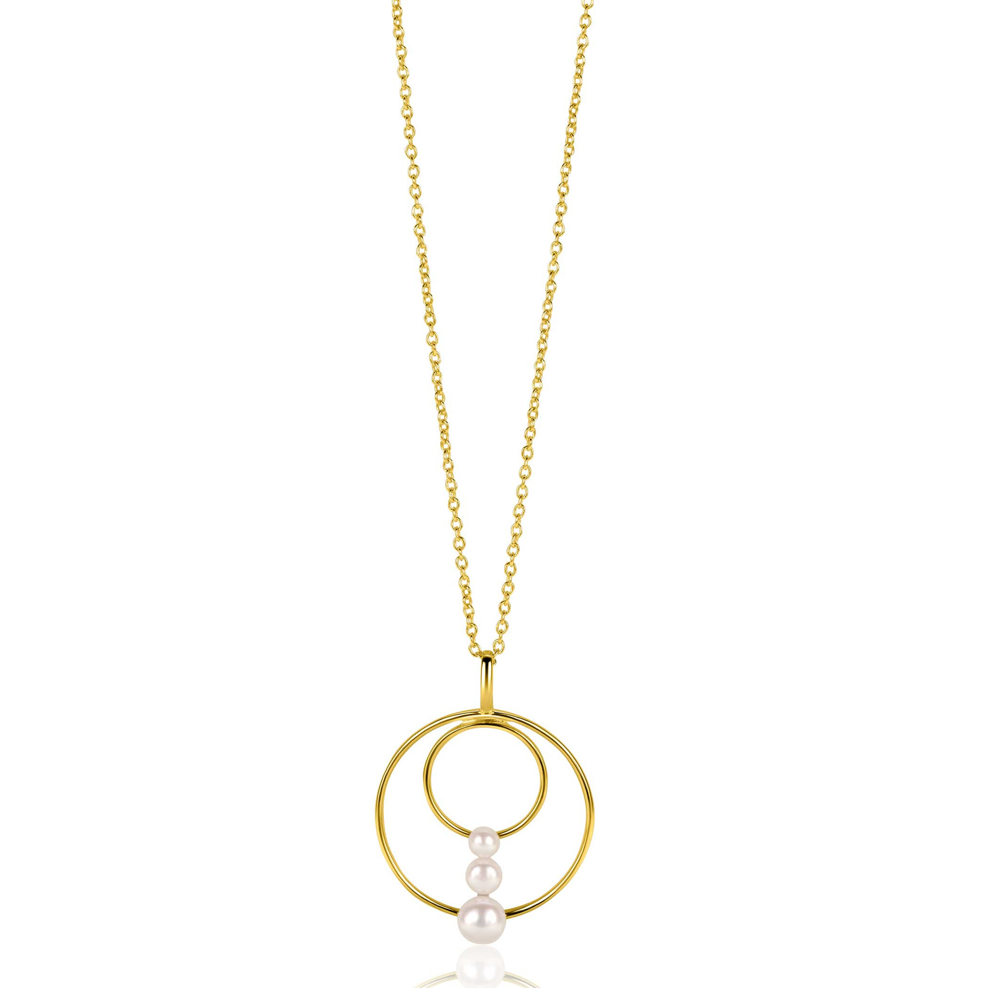 34mm ZINZI gold plated zilveren ronde fantasie hanger bezet met drie ronde witte zoetwaterparels ZIH2616 (zonder collier)