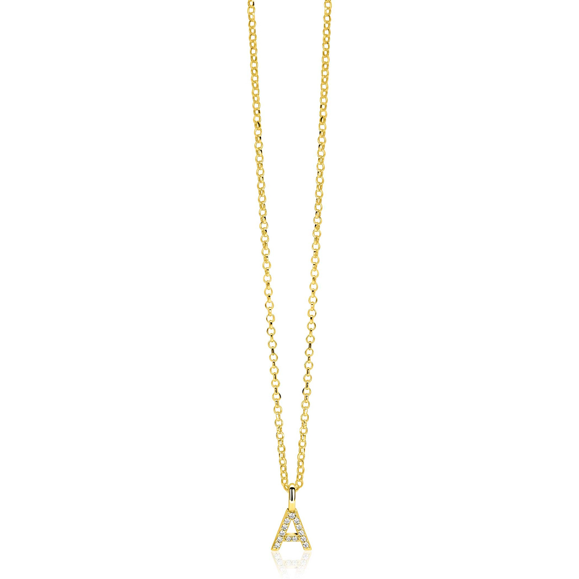 ZINZI gold plated zilveren letter hanger A bezet met witte zirkonia's ZIH2828-A (zonder ketting)