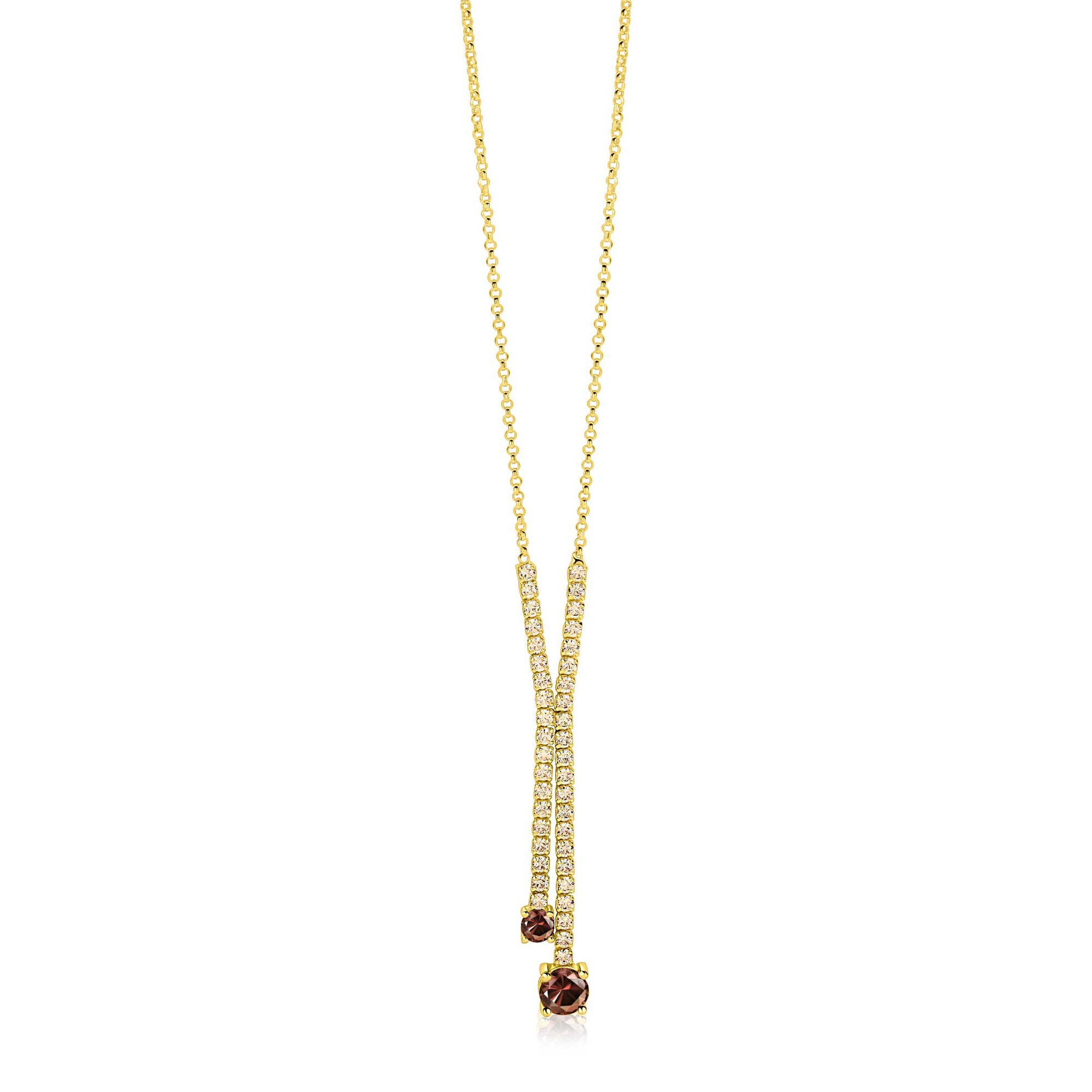 ZINZI gold plated zilveren Y-collier 45cm met luxe tennislook en champagnekleurige zirkonia's in rijzetting met twee grotere donkerbruine kleurstenen ZIC2894C