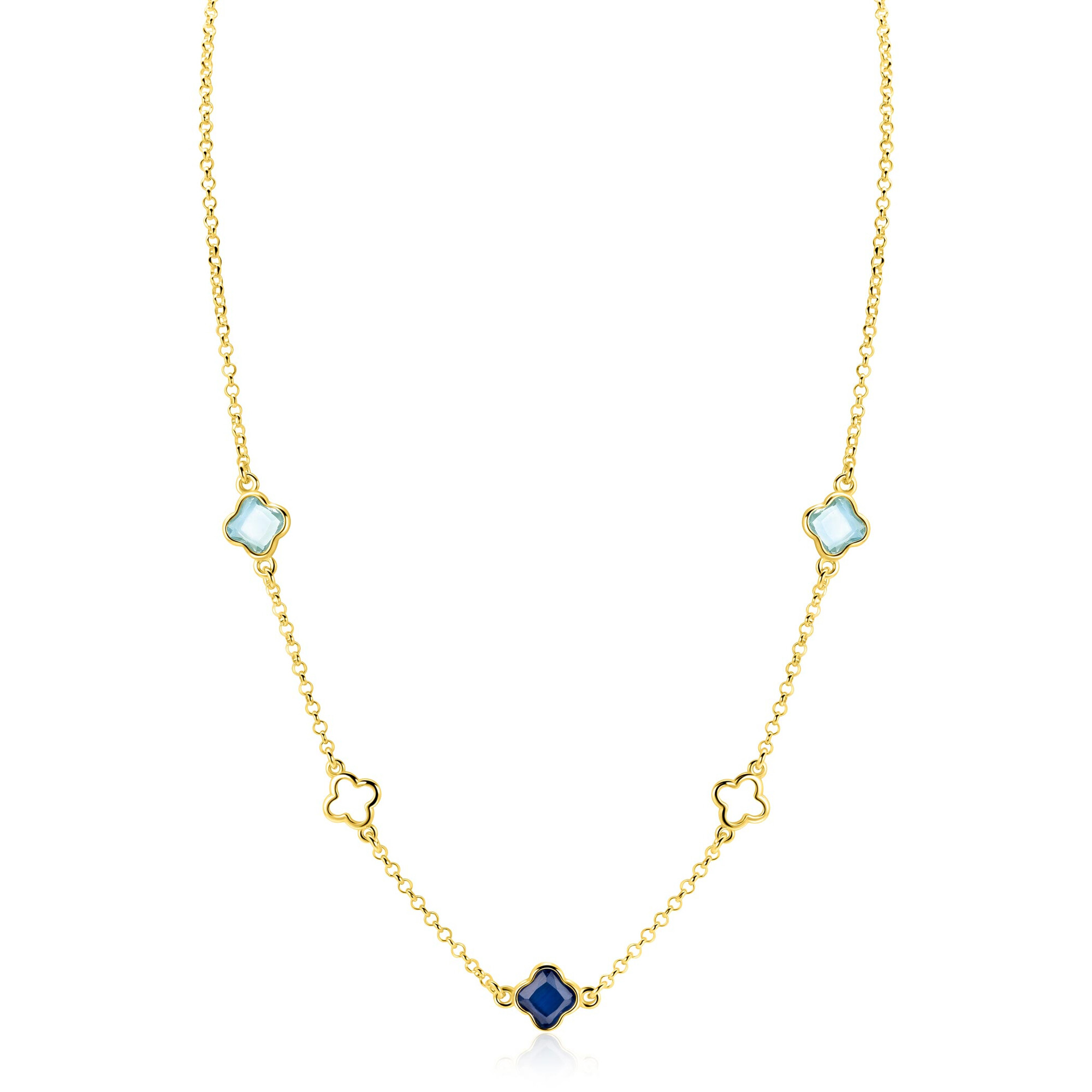 ZINZI gold plated zilveren schakelketting met twee licht blauwe klavers en een saffier blauwe klaver 40-45cm ZIC2906