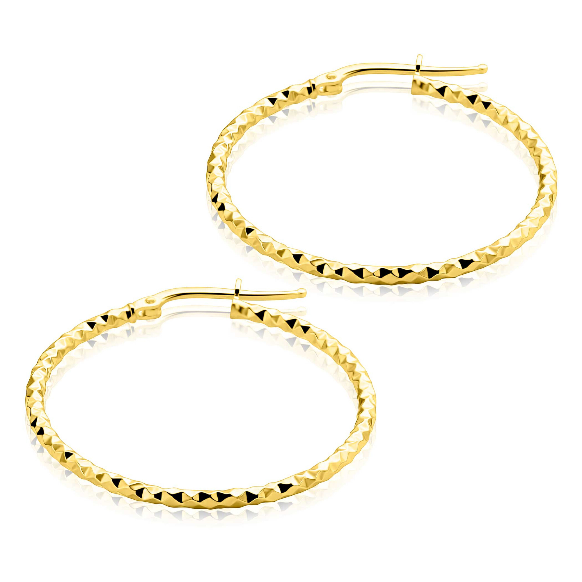 33mm ZINZI gold plated zilveren grote oorringen met gefacetteerde buis en handige bovensluiting ZIO2911G