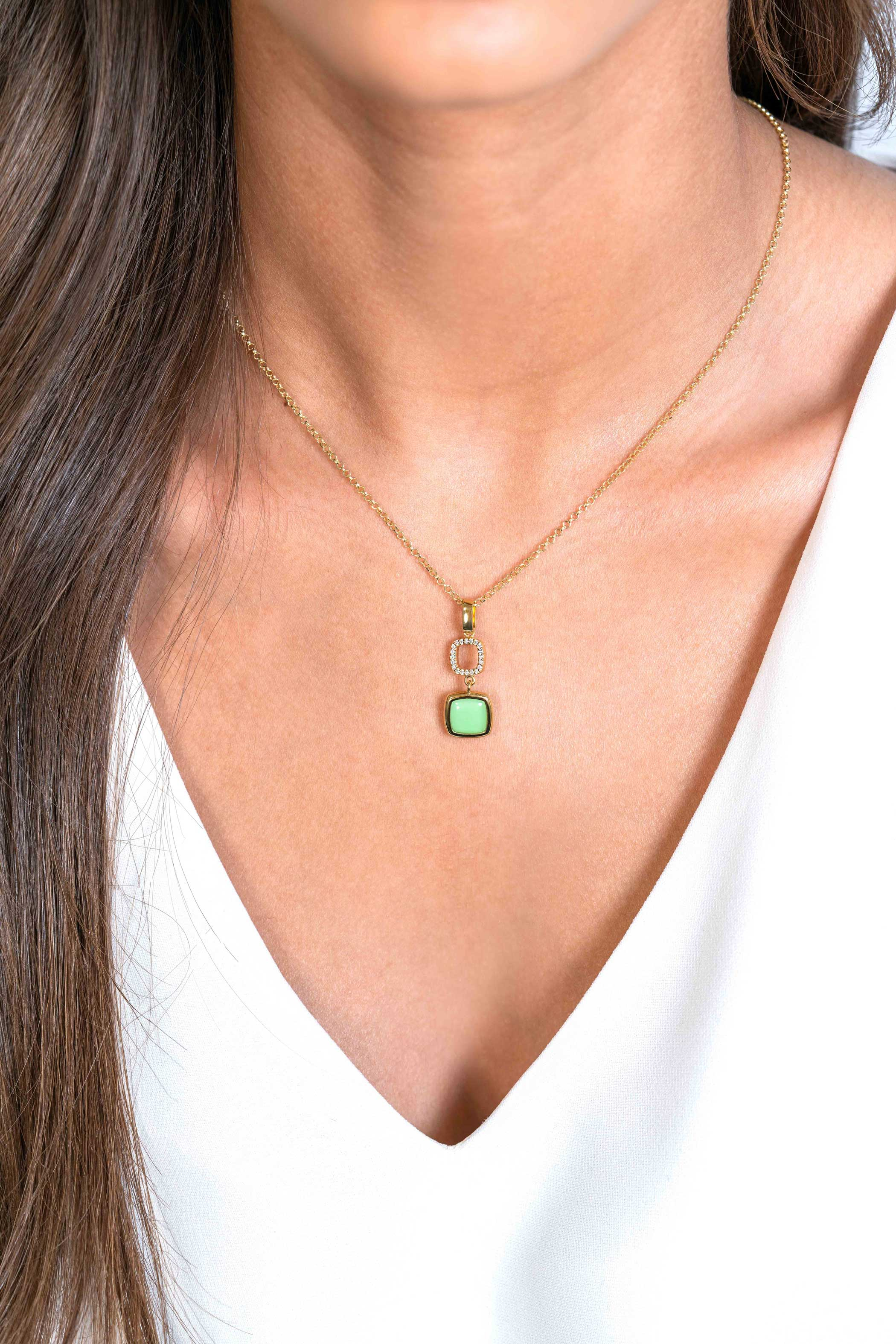 ZINZI gold plated zilveren tweezijdige hanger 30mm vierkant met witte onyx en mintgroene kleursteen ZIH2308 (zonder collier)