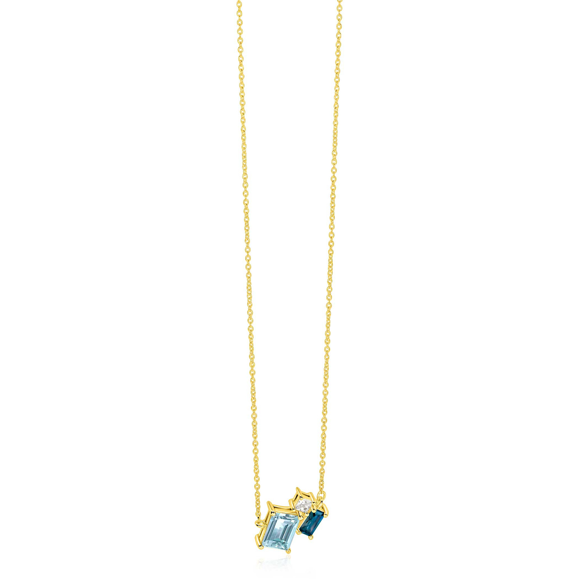 ZINZI gold plated zilveren collier 45cm met geometrische hanger (14mm) in lichtblauw, petrolblauw en wit ZIC2897