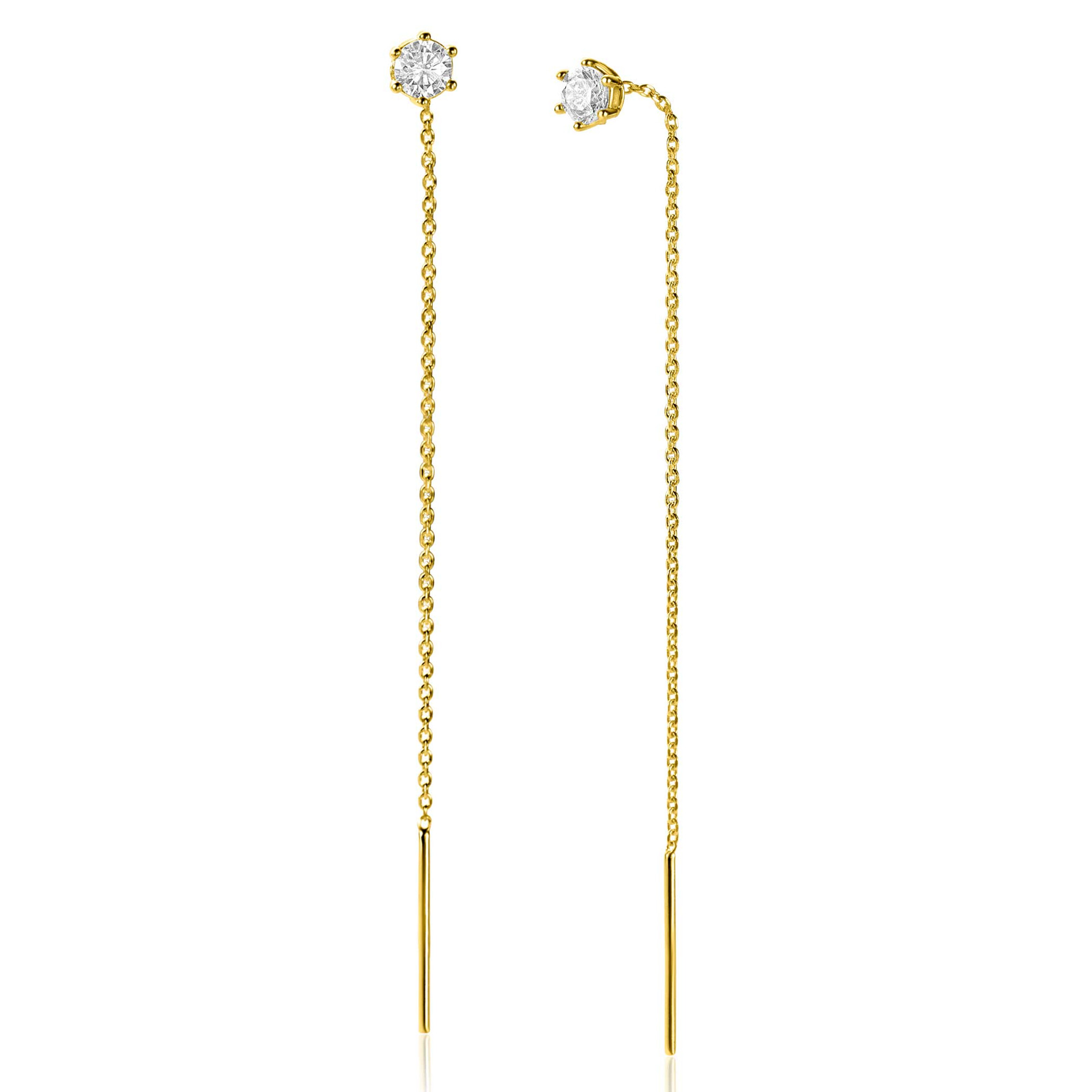 80mm ZINZI gold plated zilveren doortrek oorbellen met chatonzetting 5mm witte zirconia en sierlijk kettinkje ZIO2576Y
