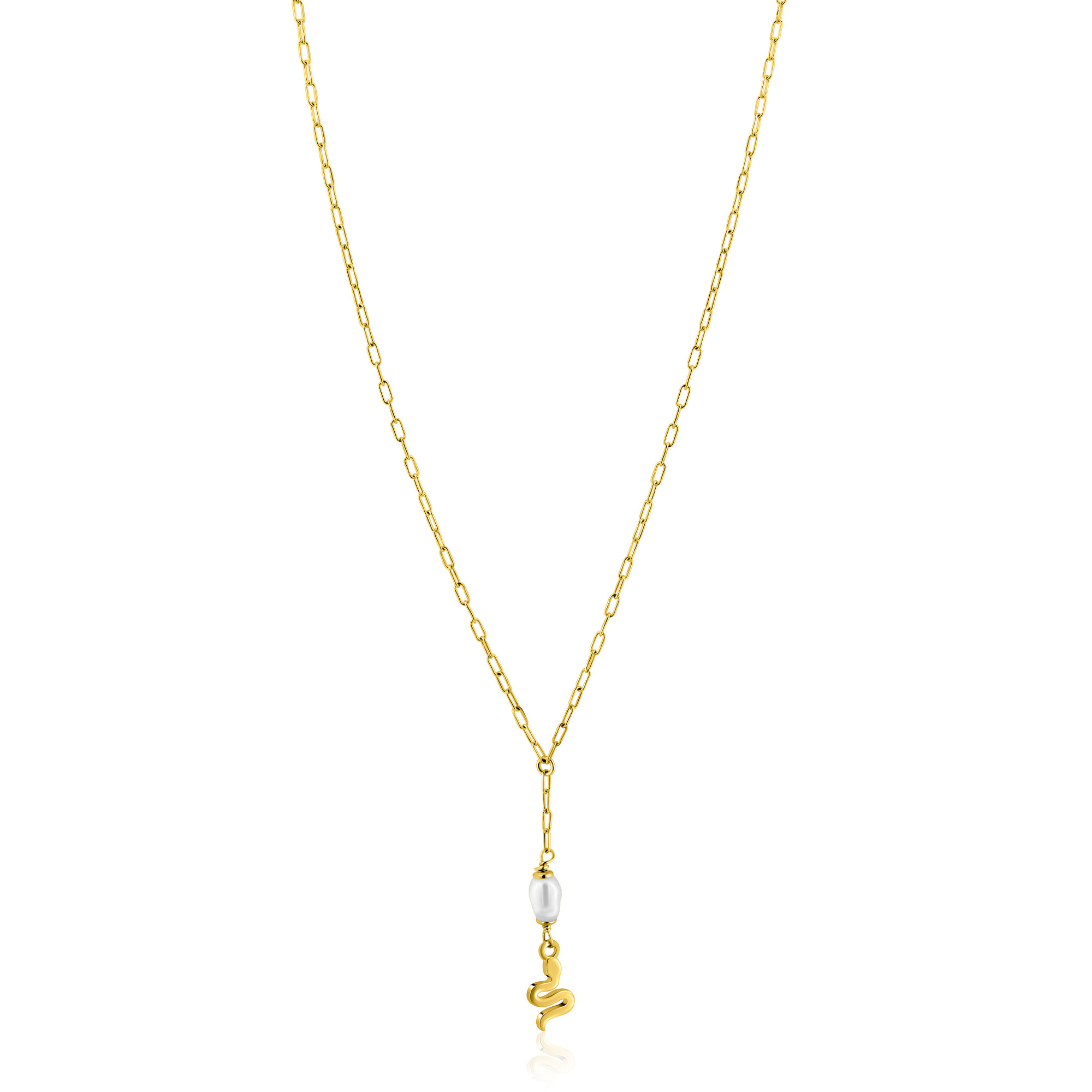 ZINZI gold plated zilveren paperclip Y-collier met witte zoetwaterparel en slang ZIC2761
