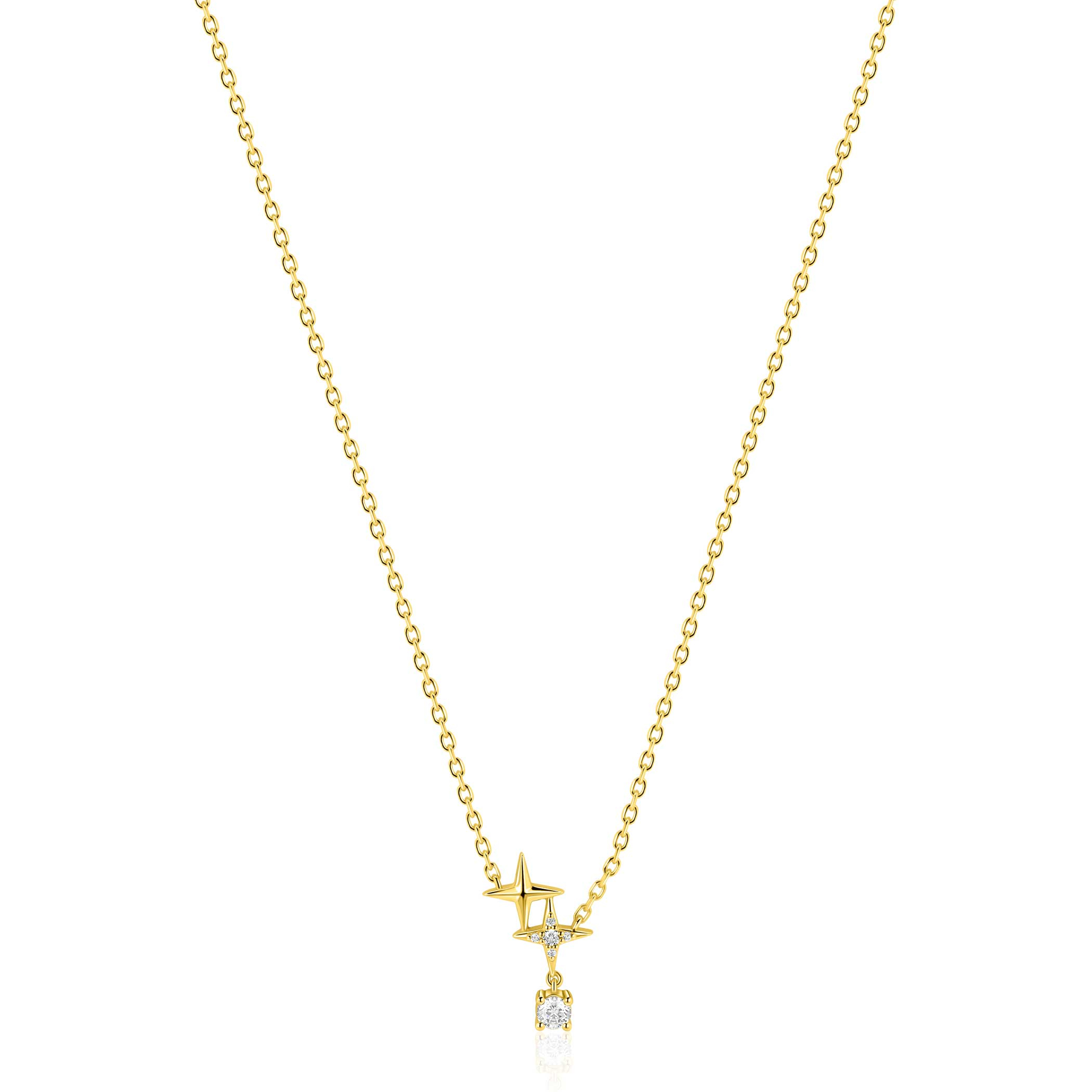 ZINZI goldplated zilveren ketting 45cm 'sterrendans' met twee speelse sterren en bungelende witte zirkonia ZIC2837