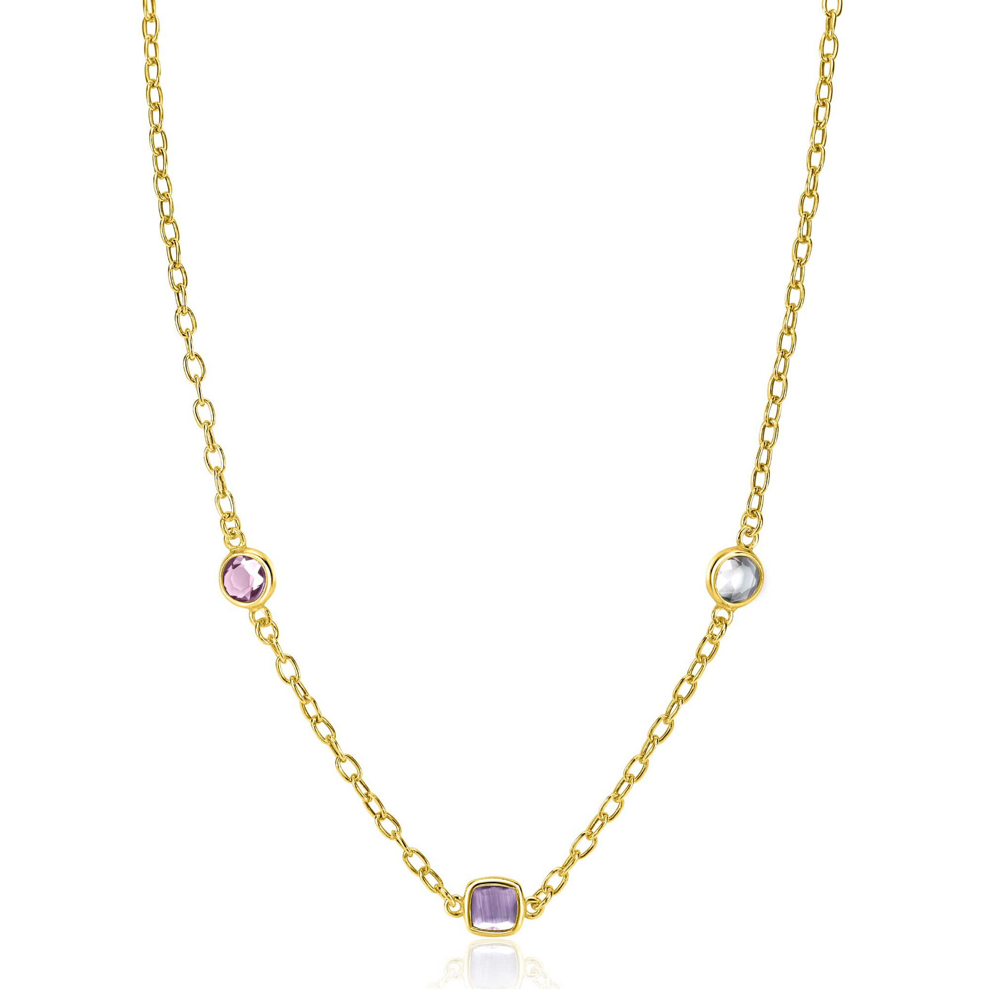ZINZI gold plated zilveren schakelketting met ronde en vierkante zettingen pastel en paars 42-45cm ZIC2525G