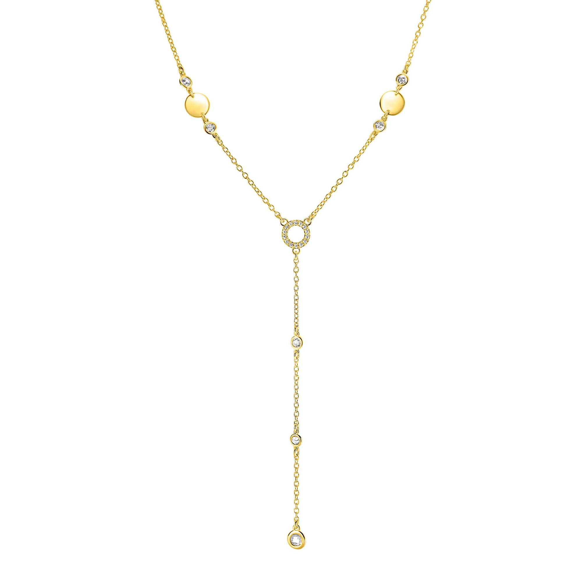 ZINZI gold plated zilveren Y-collier 45cm met glimmende ronde elementen en bezet met fonkelende witte zirkonia's ZIC2909