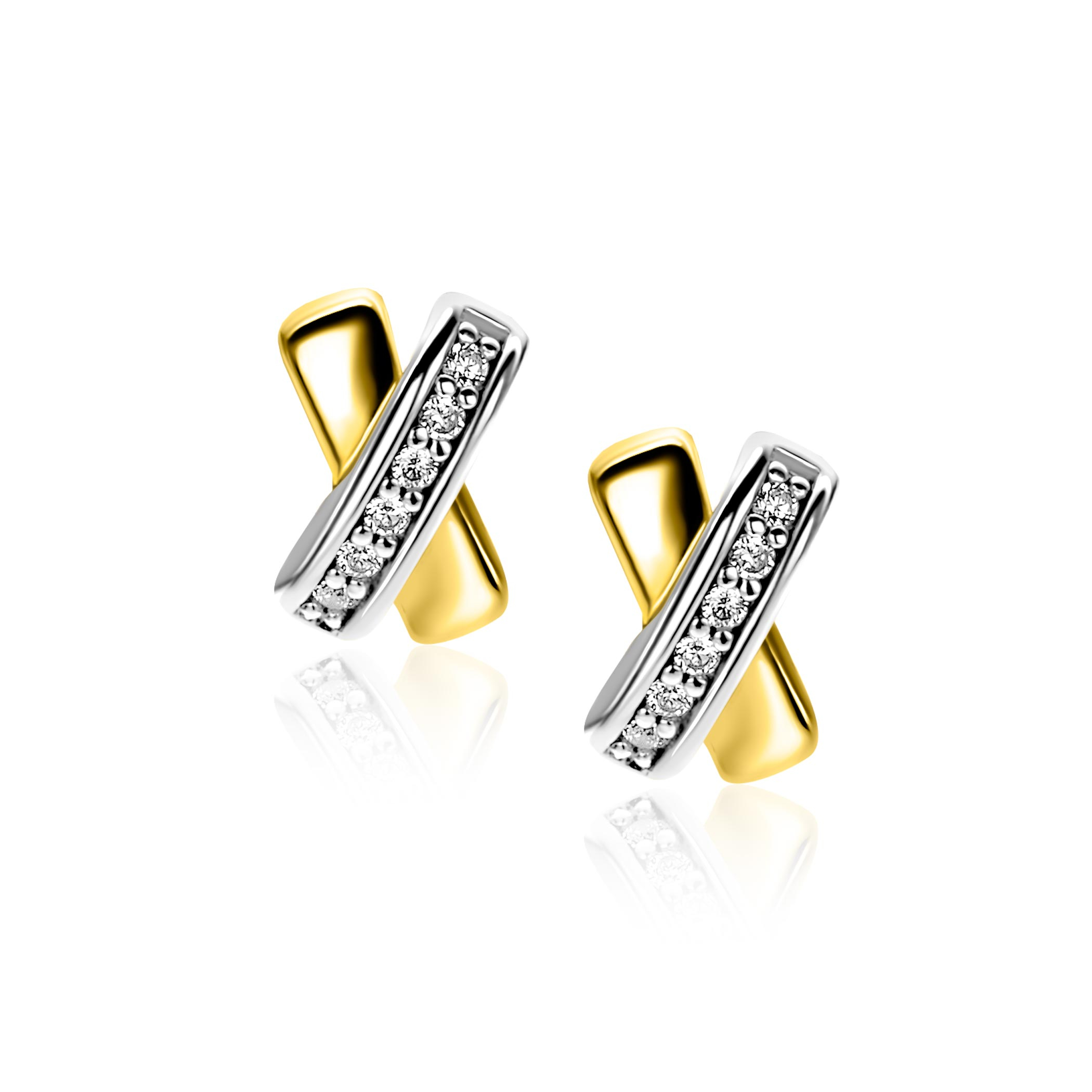 8 mm ZINZI gold plated zilveren oorknoppen kruislings wit ZIO1816Y