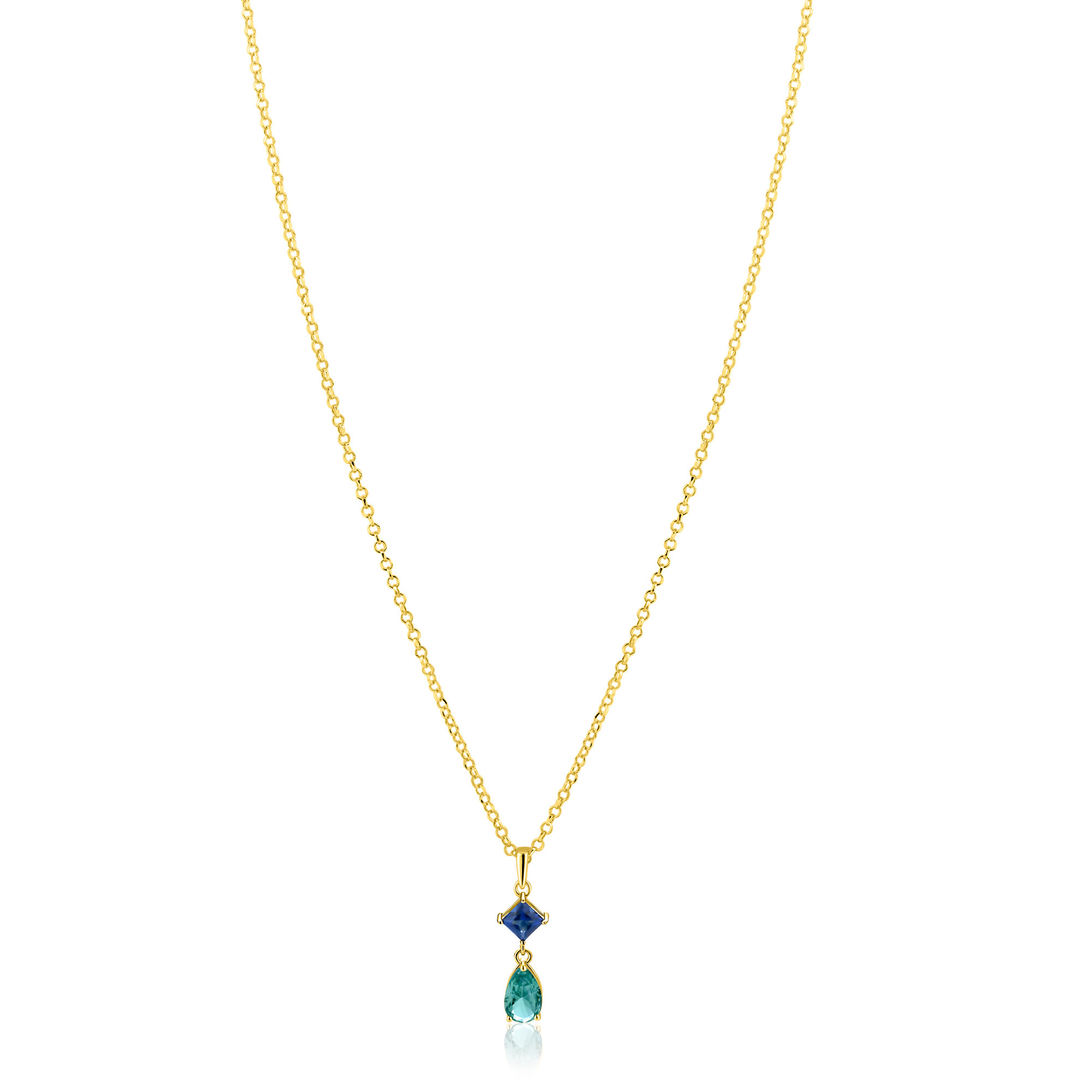 ZINZI gold plated zilveren ketting 42-45cm met luxe peervormige turquoise hanger en blauwe ruitvorm ZIC2745