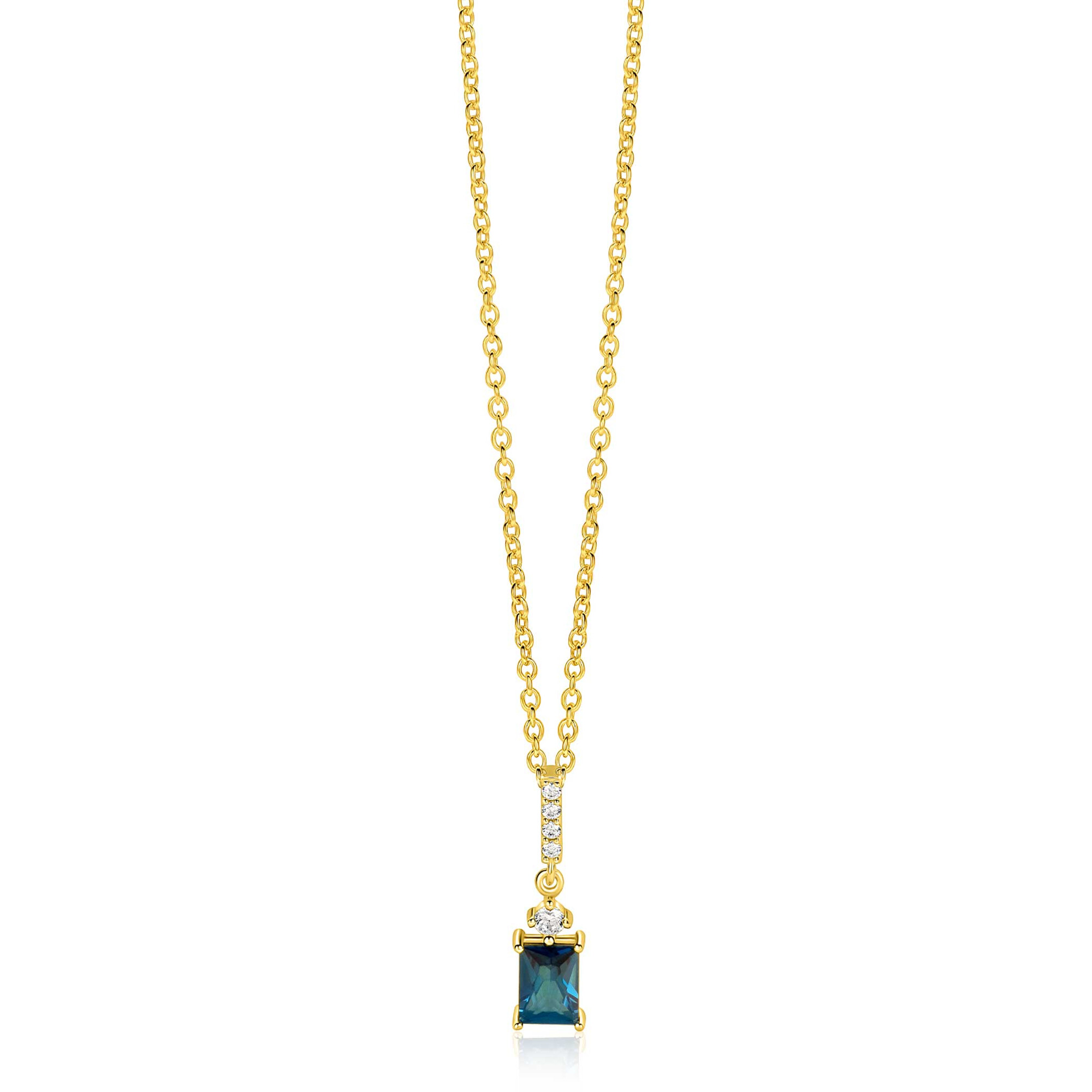 ZINZI gold plated zilveren collier 45cm met sierlijke rechthoekige hanger (22mm) met diep petrolblauwe kleursteen ZIC2896