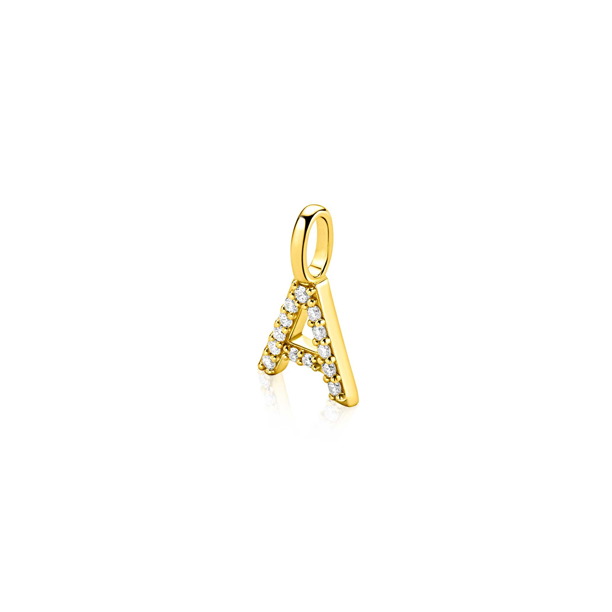ZINZI gold plated zilveren letter hanger A bezet met witte zirkonia's ZIH2828-A (zonder ketting)