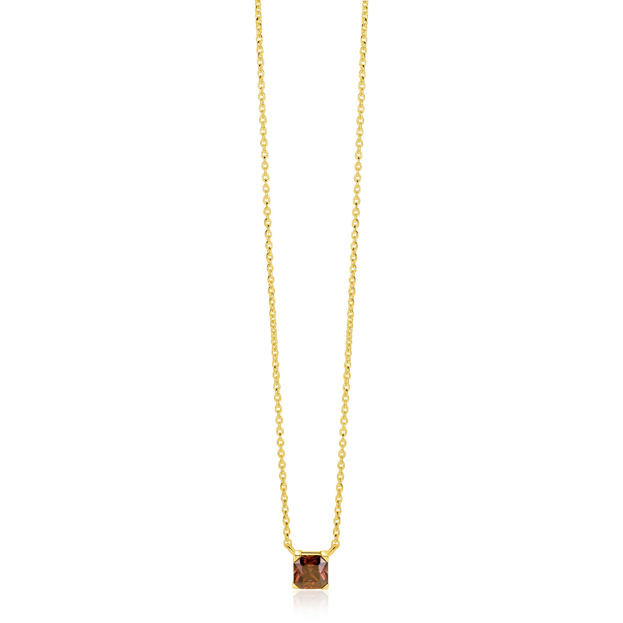 ZINZI gold plated zilveren ketting met vierkante bruine zirkonia 6mm 42-45cm ZIC-BF141
