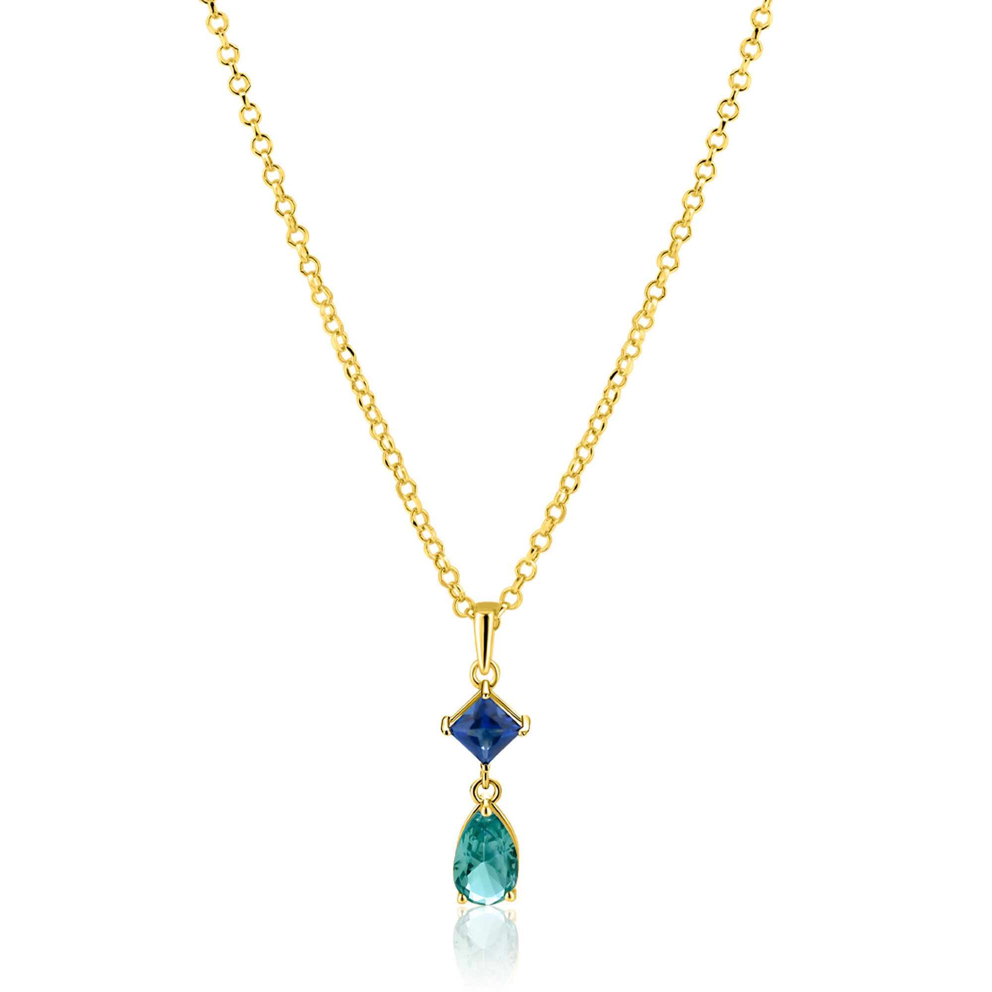 ZINZI gold plated zilveren ketting 42-45cm met luxe peervormige turquoise hanger en blauwe ruitvorm ZIC2745