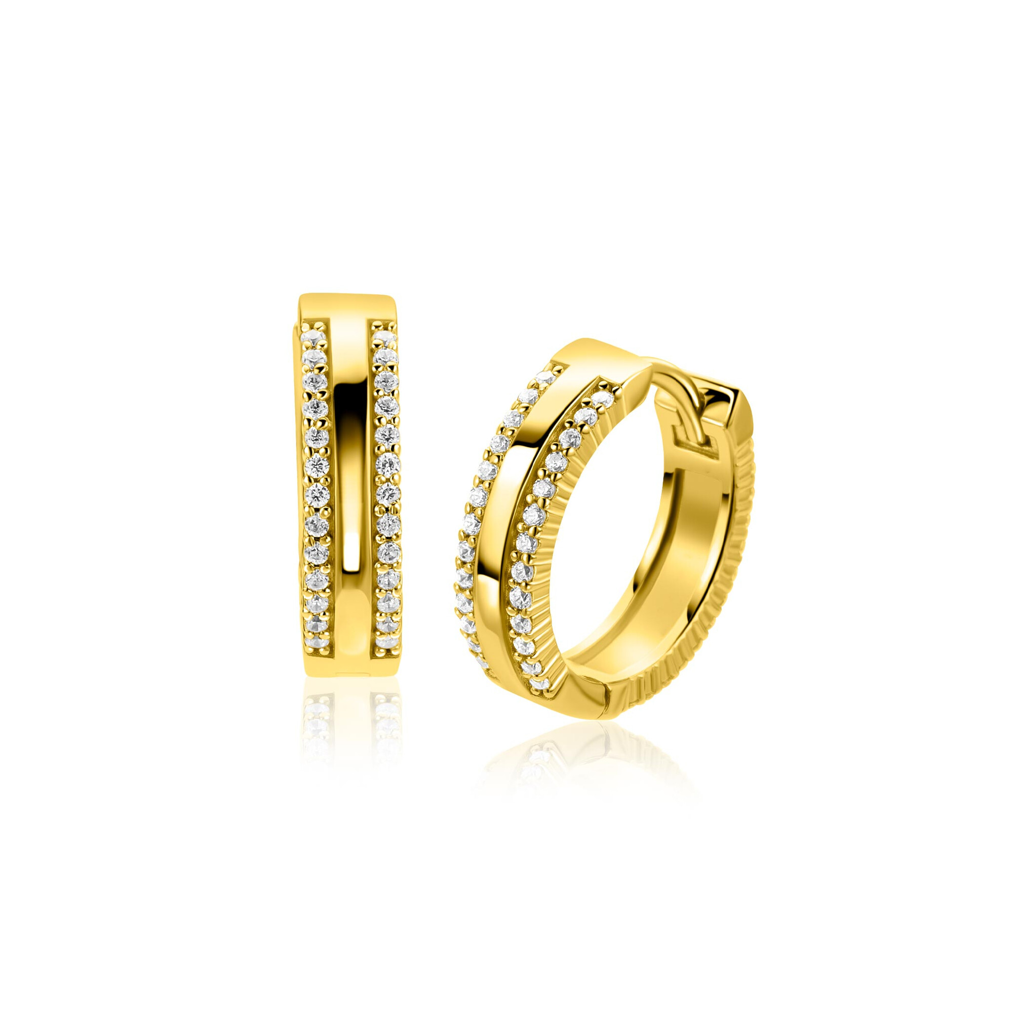 16mm ZINZI goldplated zilveren luxe oorringen met klapsluiting, bezet met witte zirconia's ZIO2445Y