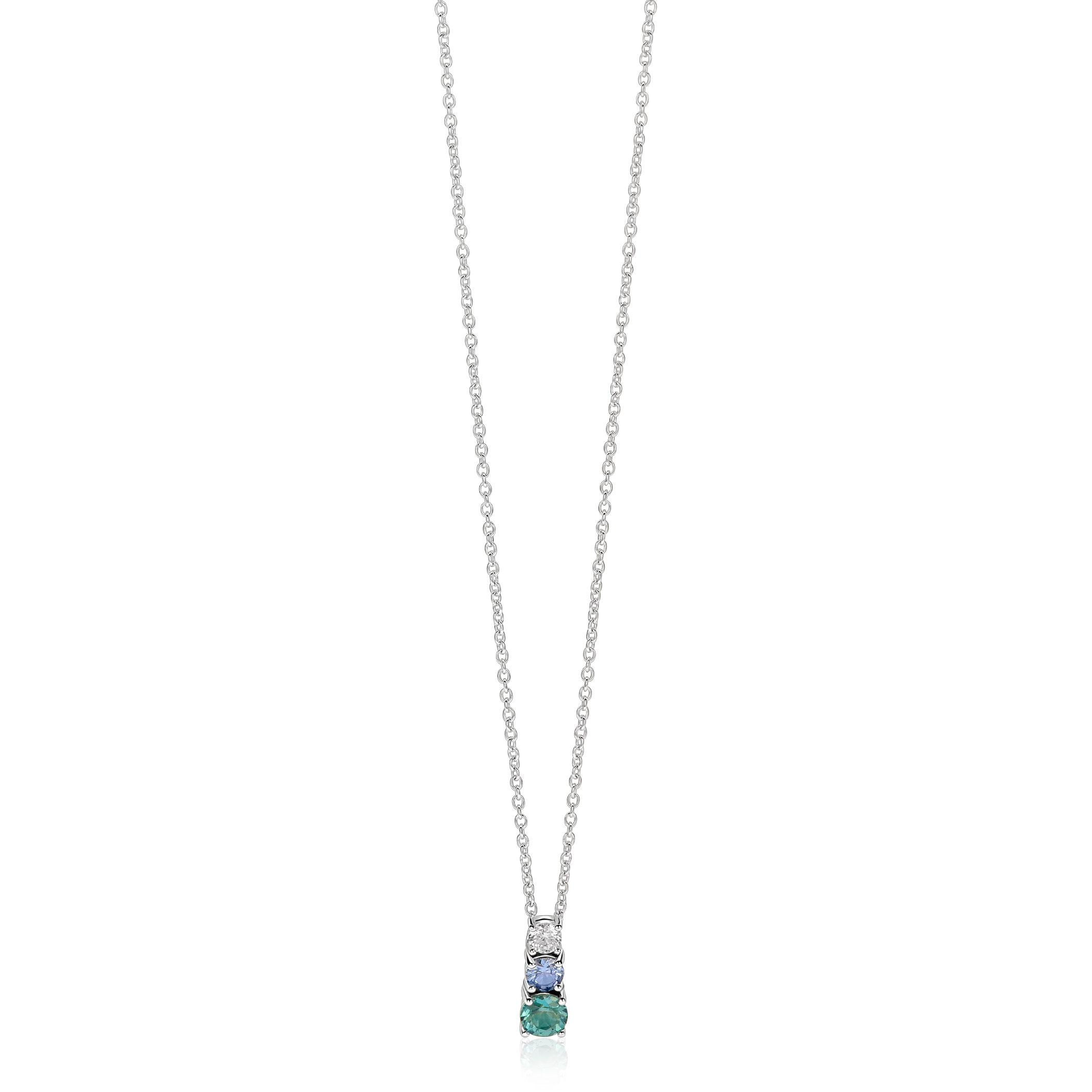 ZINZI zilveren ketting met strakke hanger bezet met witte, blauwe en petrol blauwe zirkonia's 42-45cm ZIC-BF143
