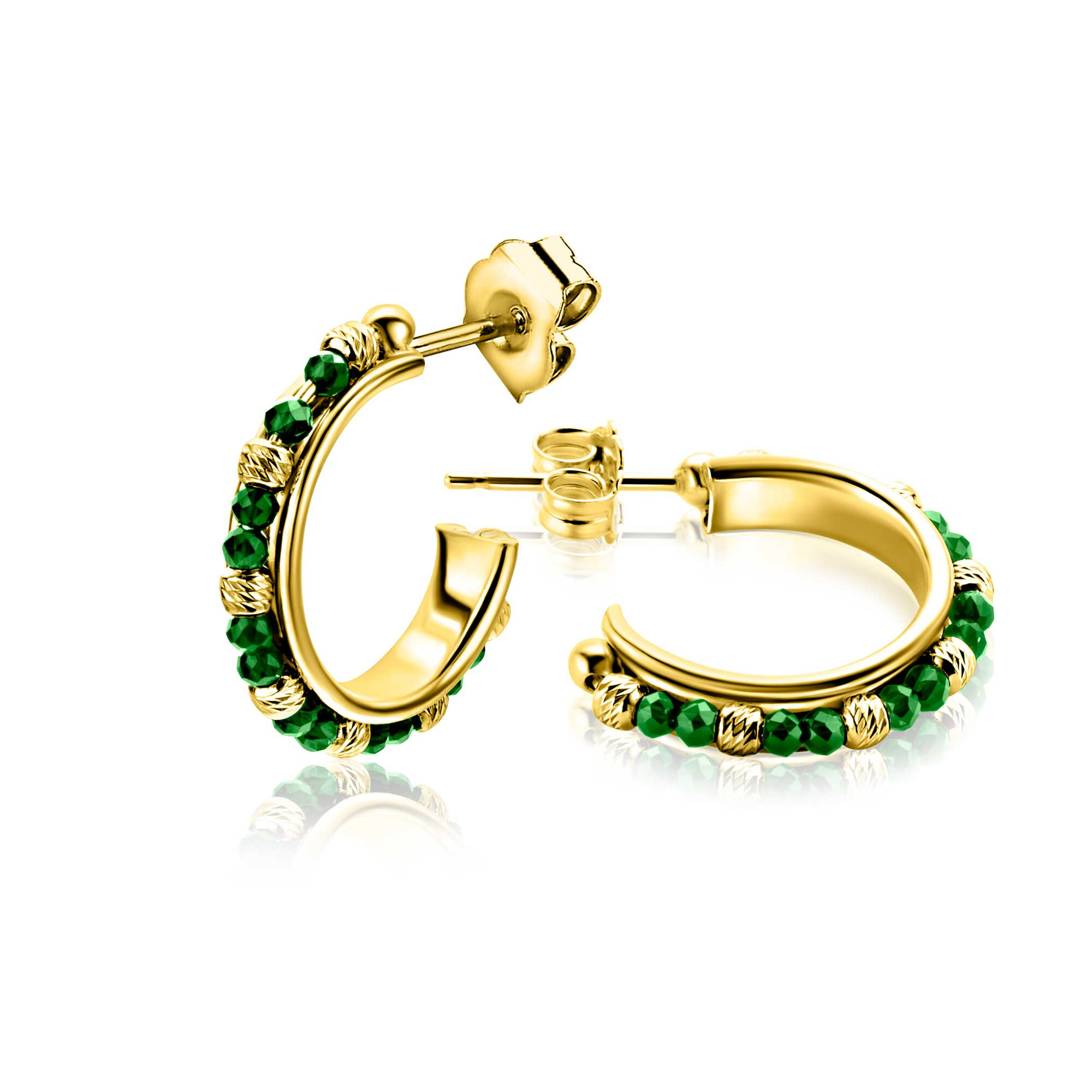 20mm ZINZI gold plated zilveren oorstekers met ronde groene beads en bewerkte bolletjes ZIO-BF129