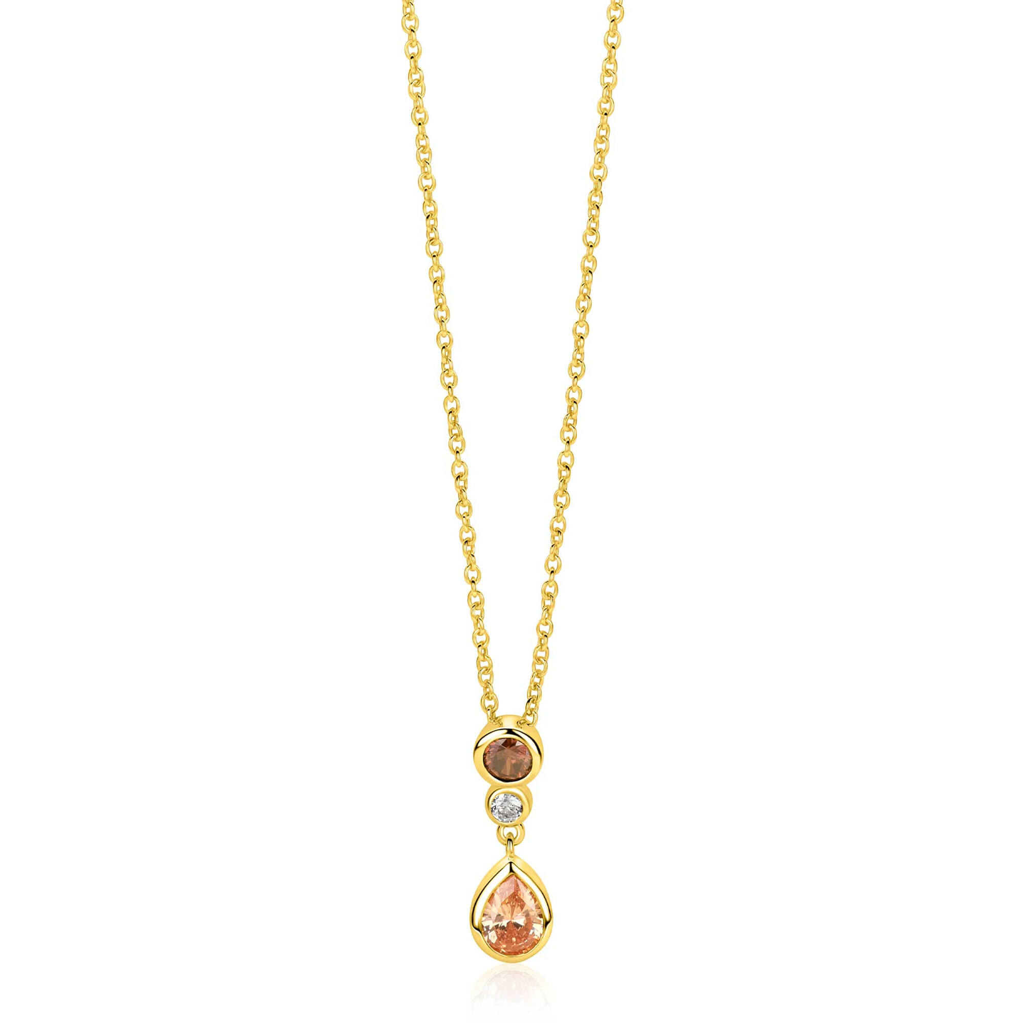 ZINZI gold plated zilveren collier 45cm met kleurrijke hanger (20mm) een speelse combinatie van vormen en kleuren champagne, bruin en wit ZIC2900