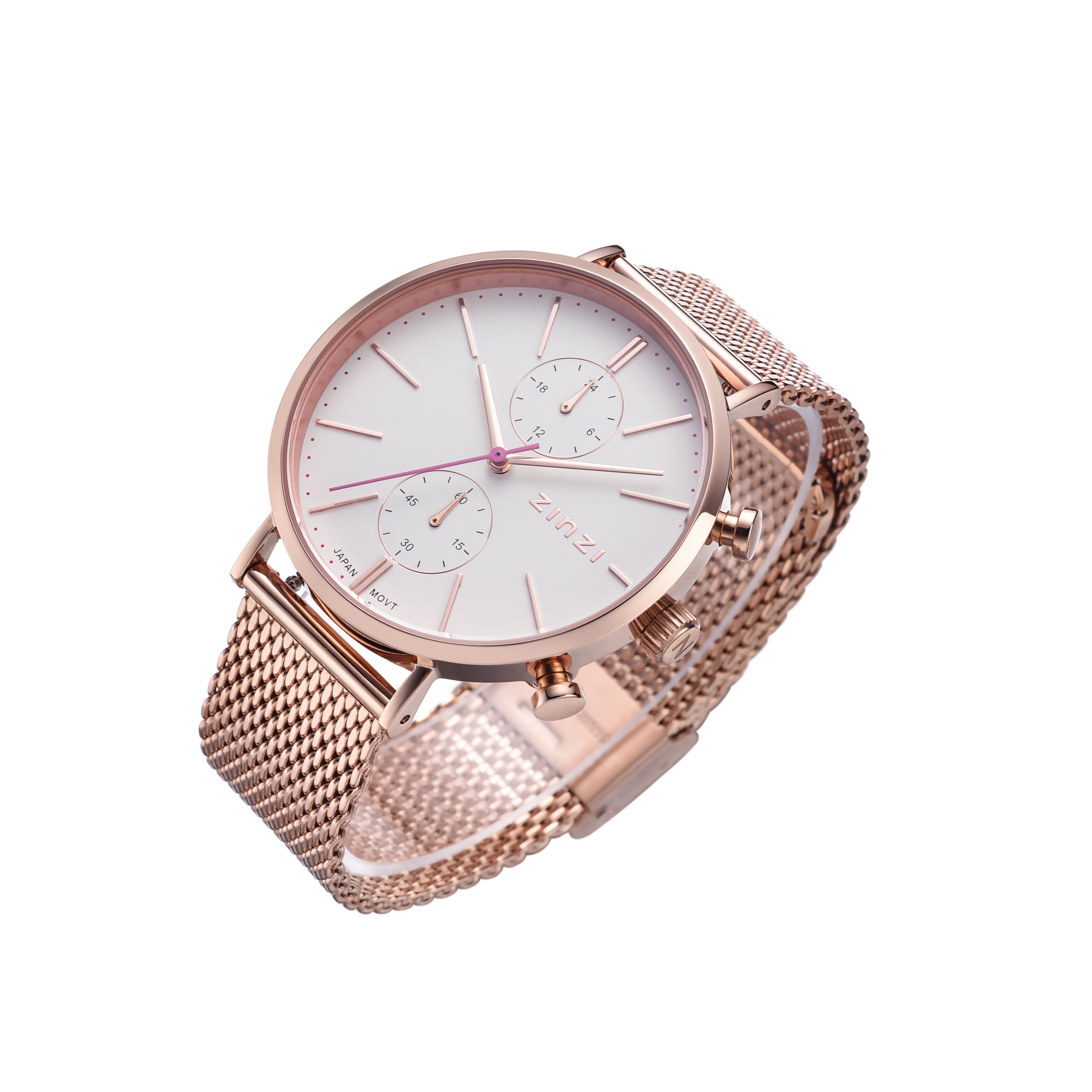 ZINZI Traveller horloge witte wijzerplaat en roségoudkleurige kast stalen mesh band roségoudkleurig 39mm dual time ZIW708M