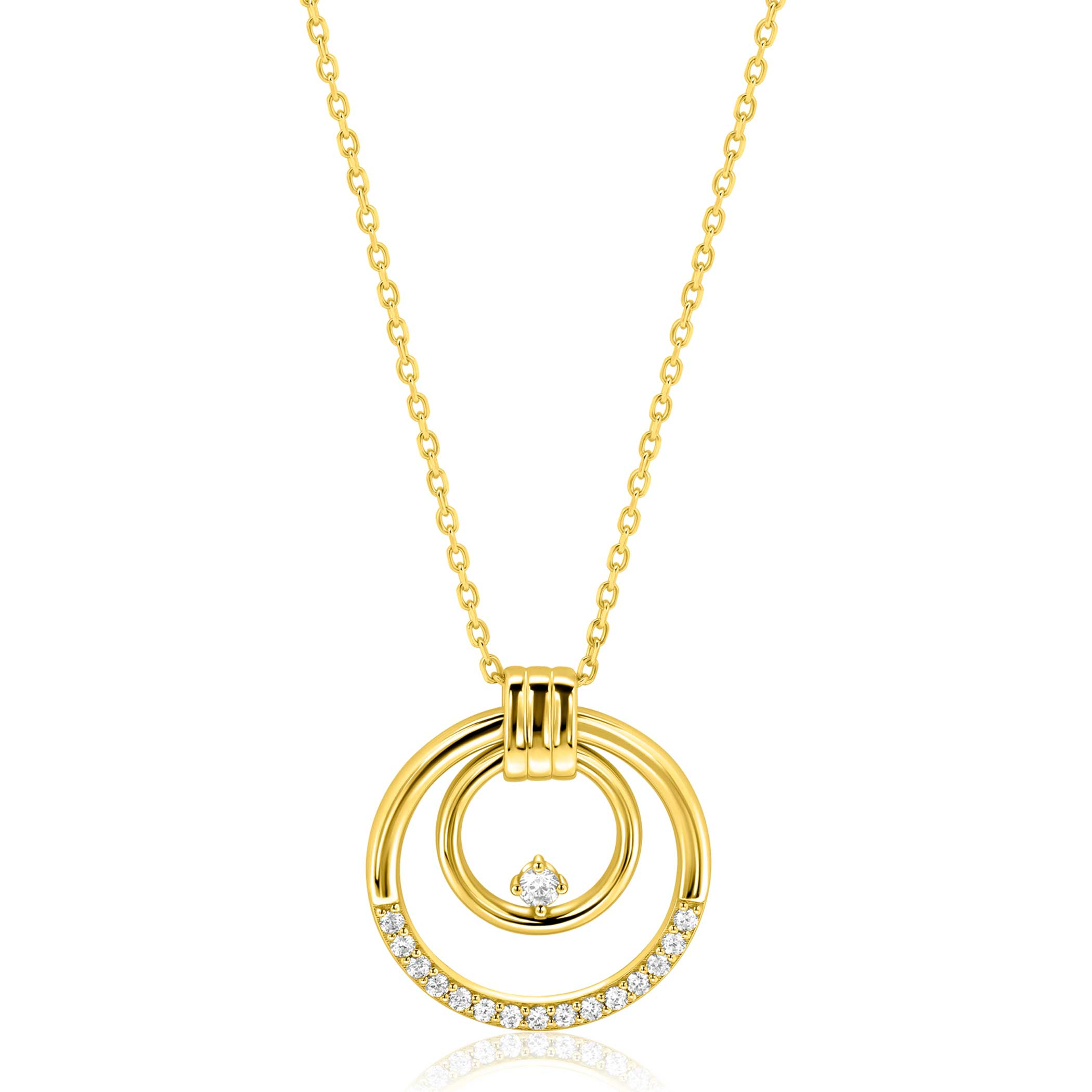 ZINZI goldplated zilveren ketting 45cm met elegante dubbele ronde hanger (24mm) speels bezet met witte zirkonia's ZIC2819