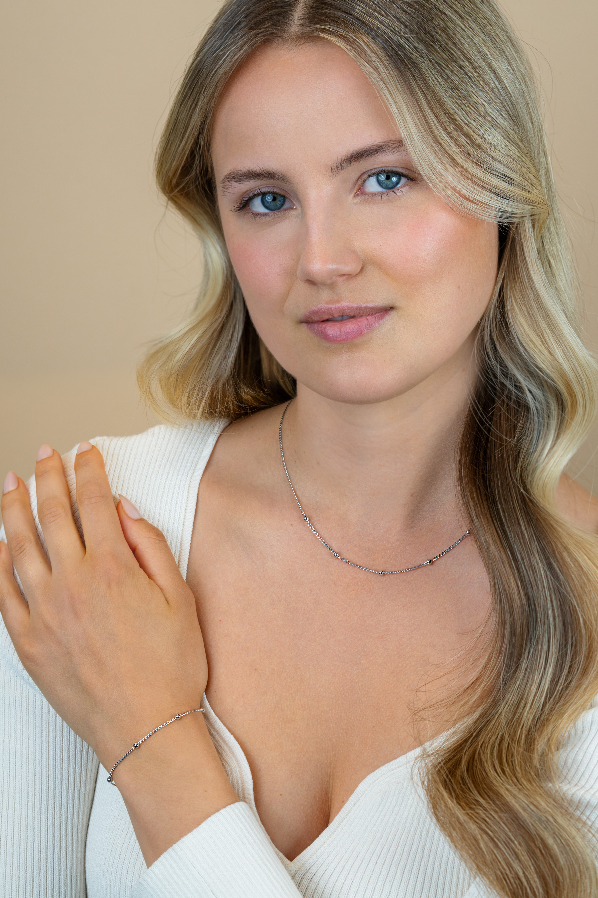 ZINZI zilveren gourmet schakelarmband met vijf glanzende bolletjes (3mm breed) ZIA2714