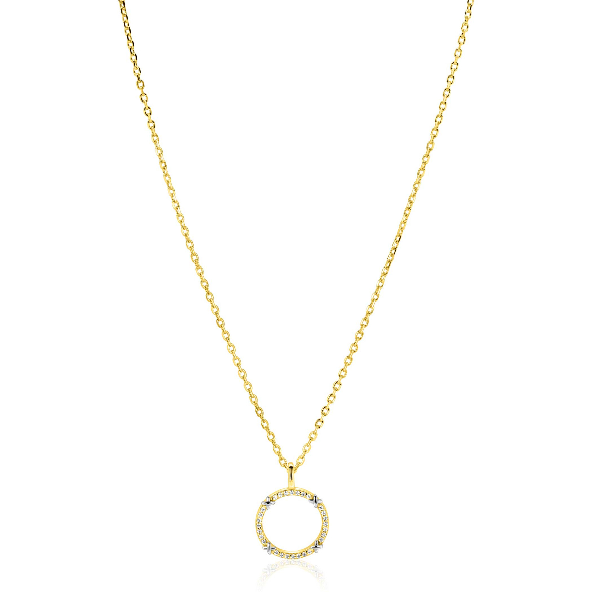 ZINZI goldplated zilveren ketting 45cm met open ronde hanger, verfraaid met X-details en witte zirkonia’s ZIC2814