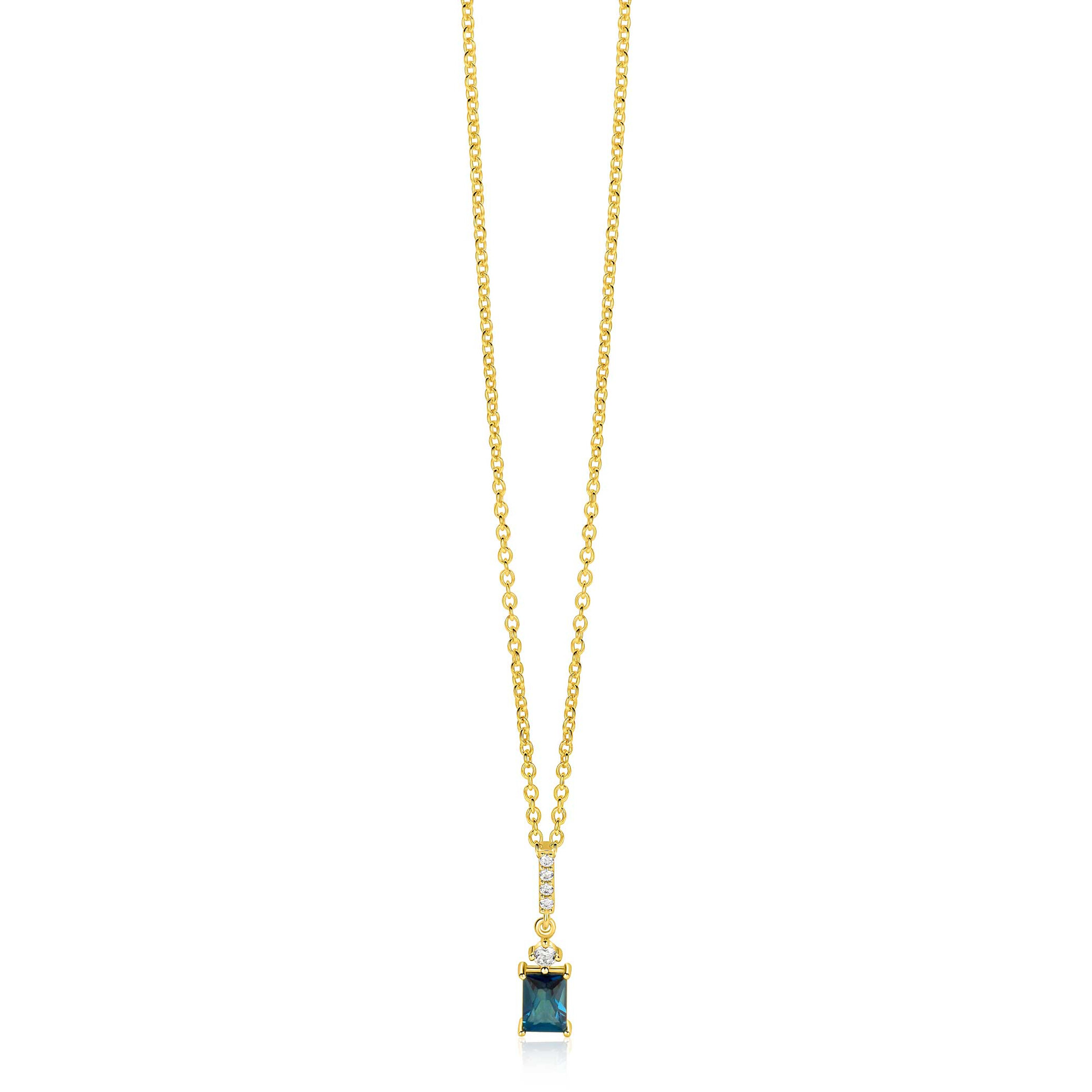 ZINZI gold plated zilveren collier 45cm met sierlijke rechthoekige hanger (22mm) met diep petrolblauwe kleursteen ZIC2896